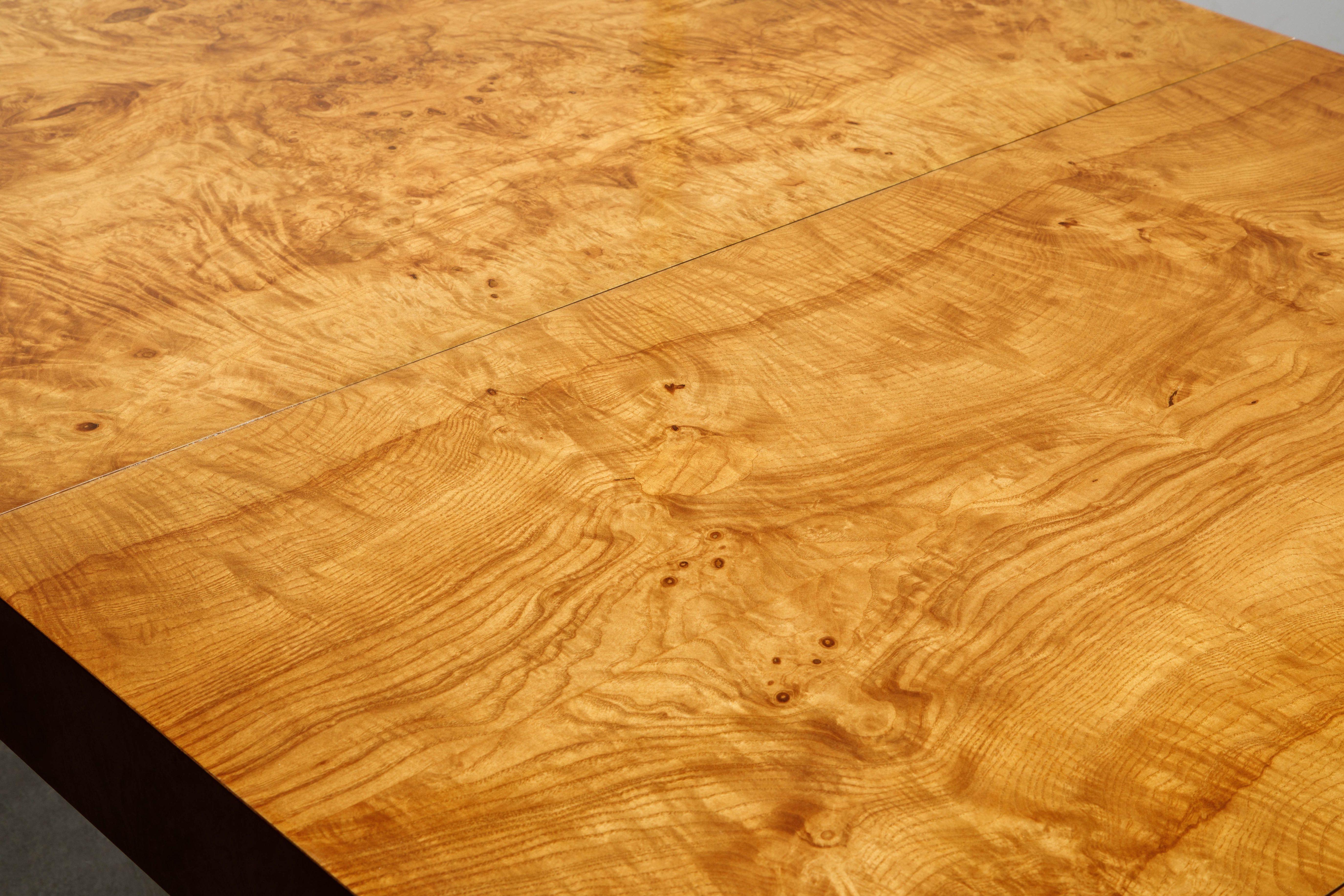 Milo Baughman Extendable Burl Dining Table Refinished in a French Polish, 1970s  6