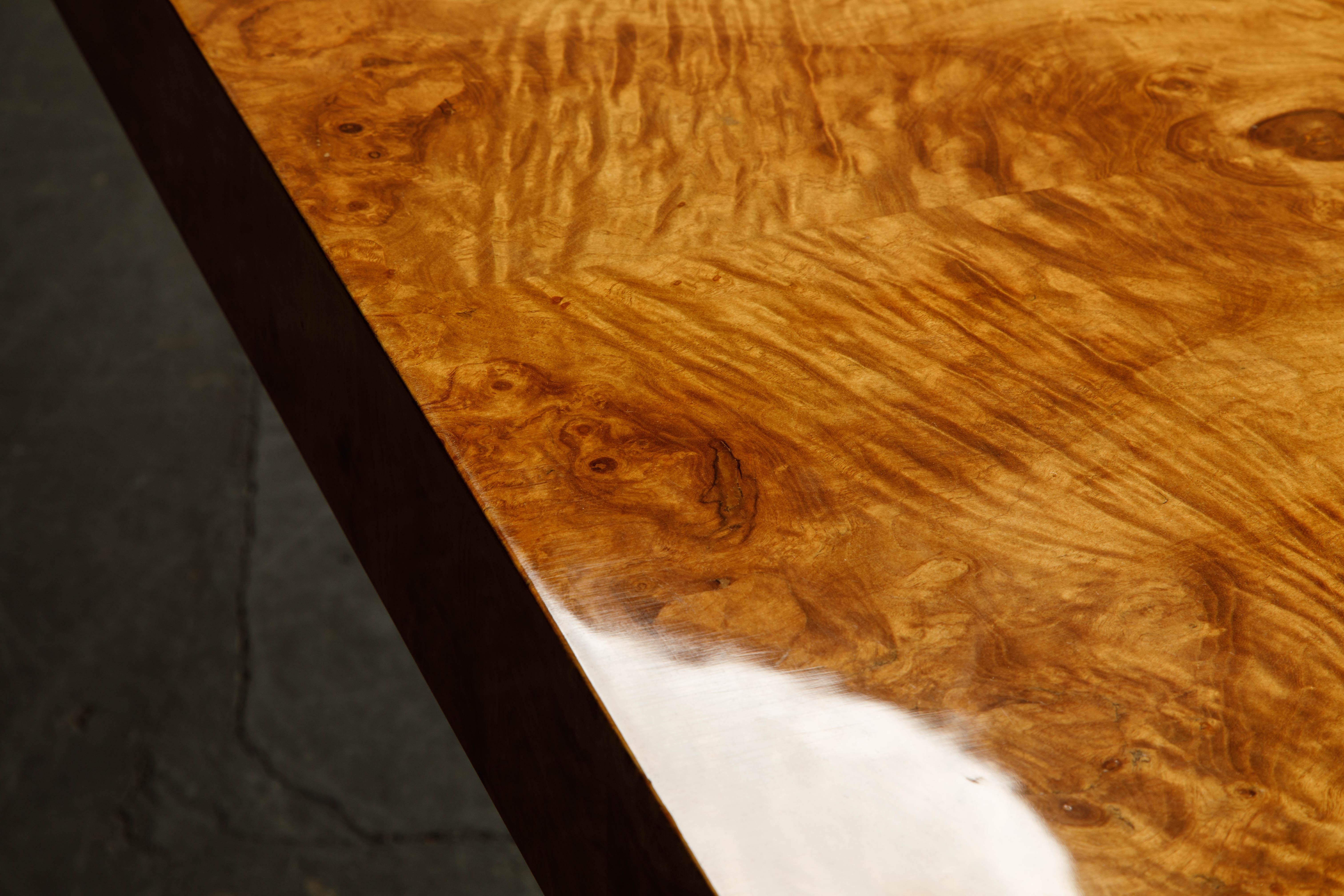 Milo Baughman Extendable Burl Dining Table Refinished in a French Polish, 1970s  11