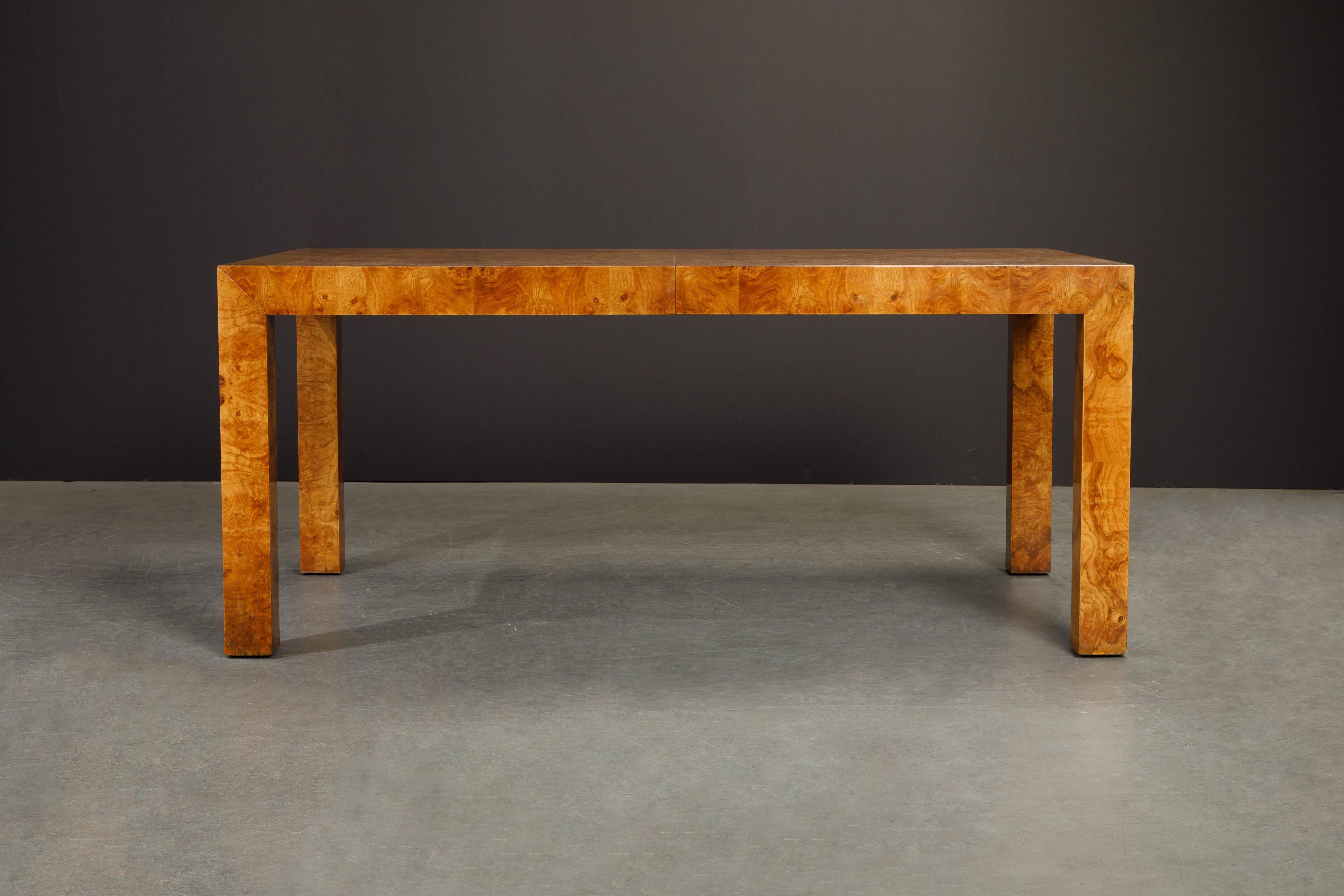 This incredible Milo Baughman for Thayer Coggin extendable dining table with gorgeous burled wood grain was newly refinished in a luxurious deep French Polish lacquer - which is an expensive and labor intensive process but the results are nothing