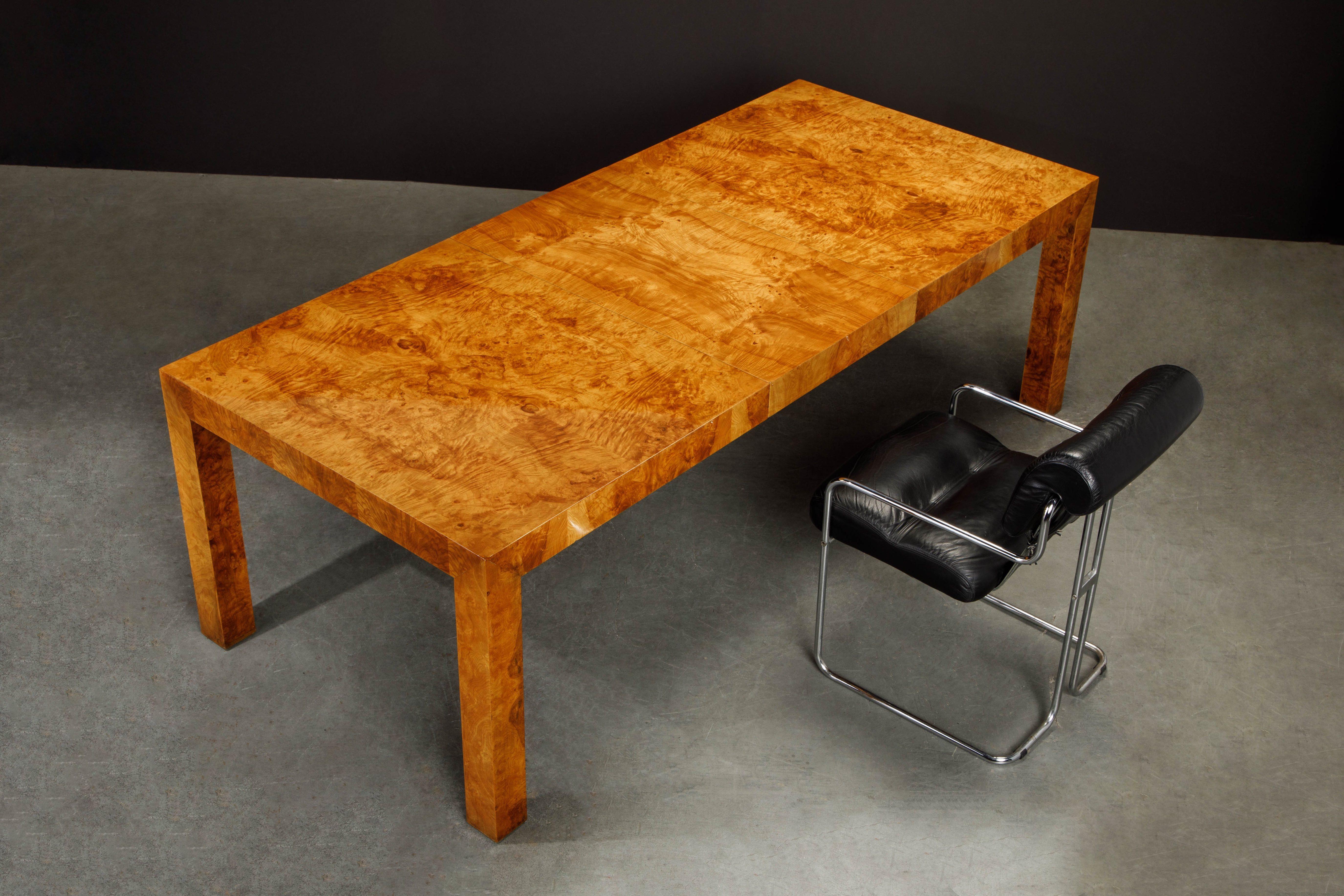 Milo Baughman Extendable Burl Dining Table Refinished in a French Polish, 1970s  13