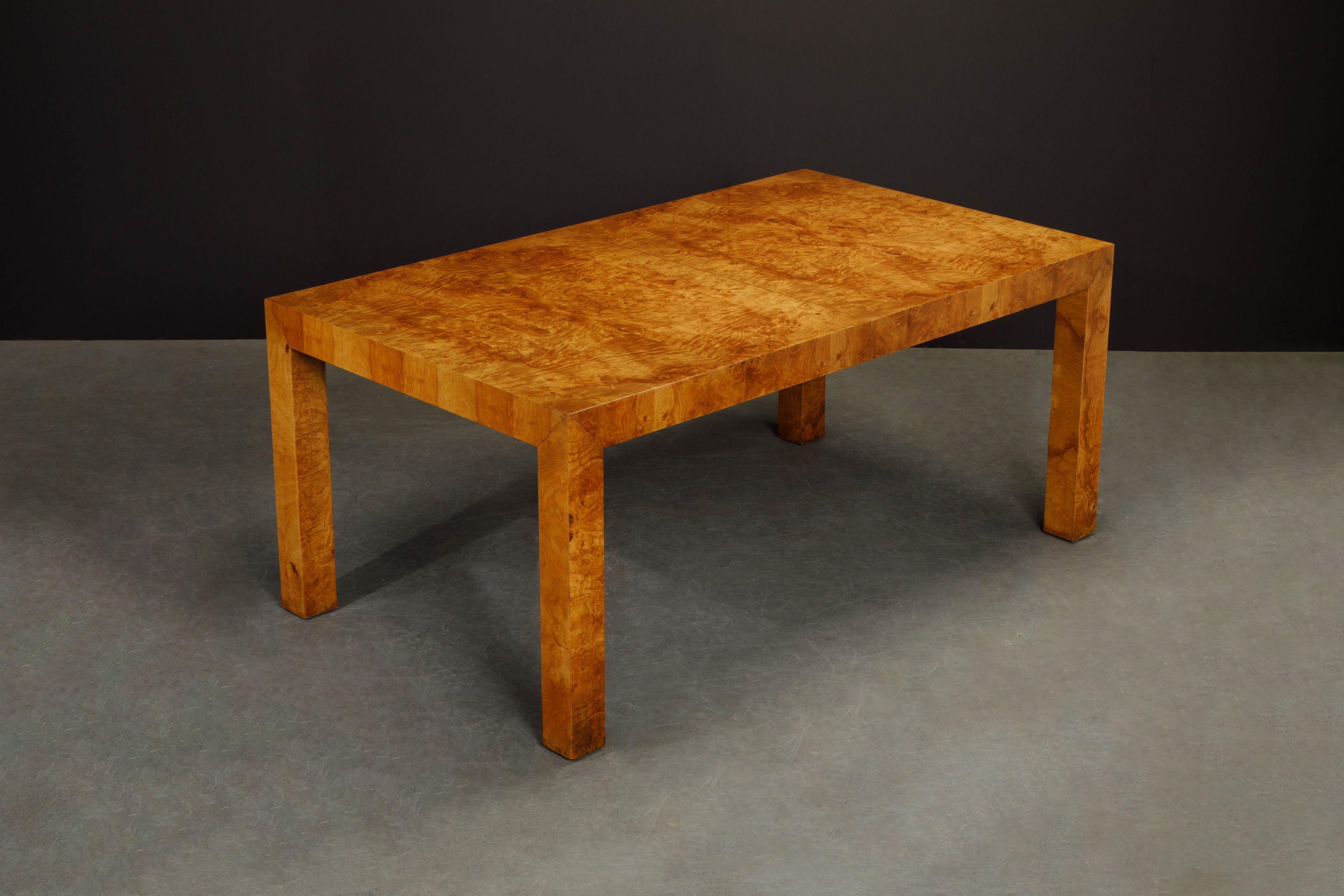 American Milo Baughman Extendable Burl Dining Table Refinished in a French Polish, 1970s 