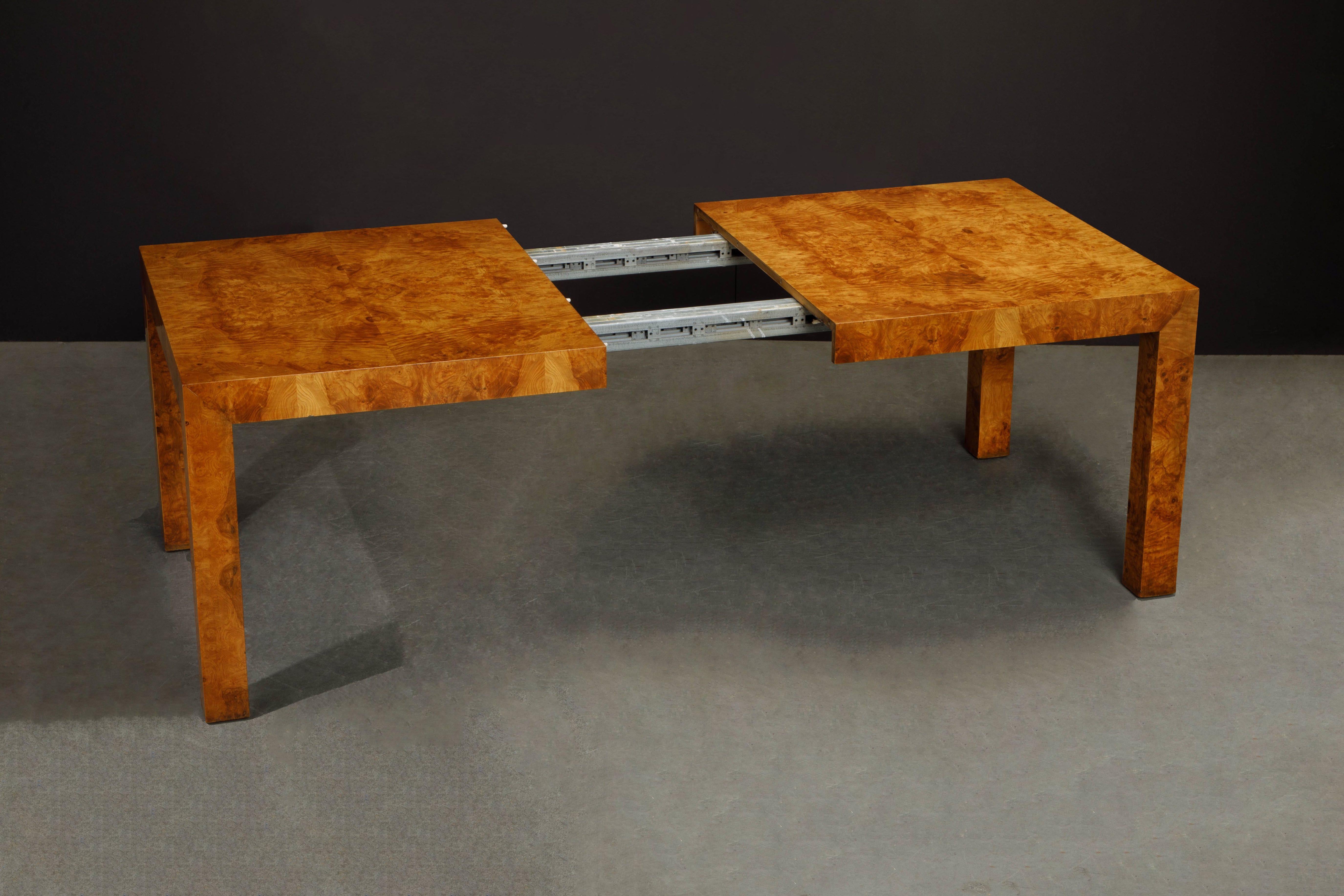 Milo Baughman Extendable Burl Dining Table Refinished in a French Polish, 1970s  1