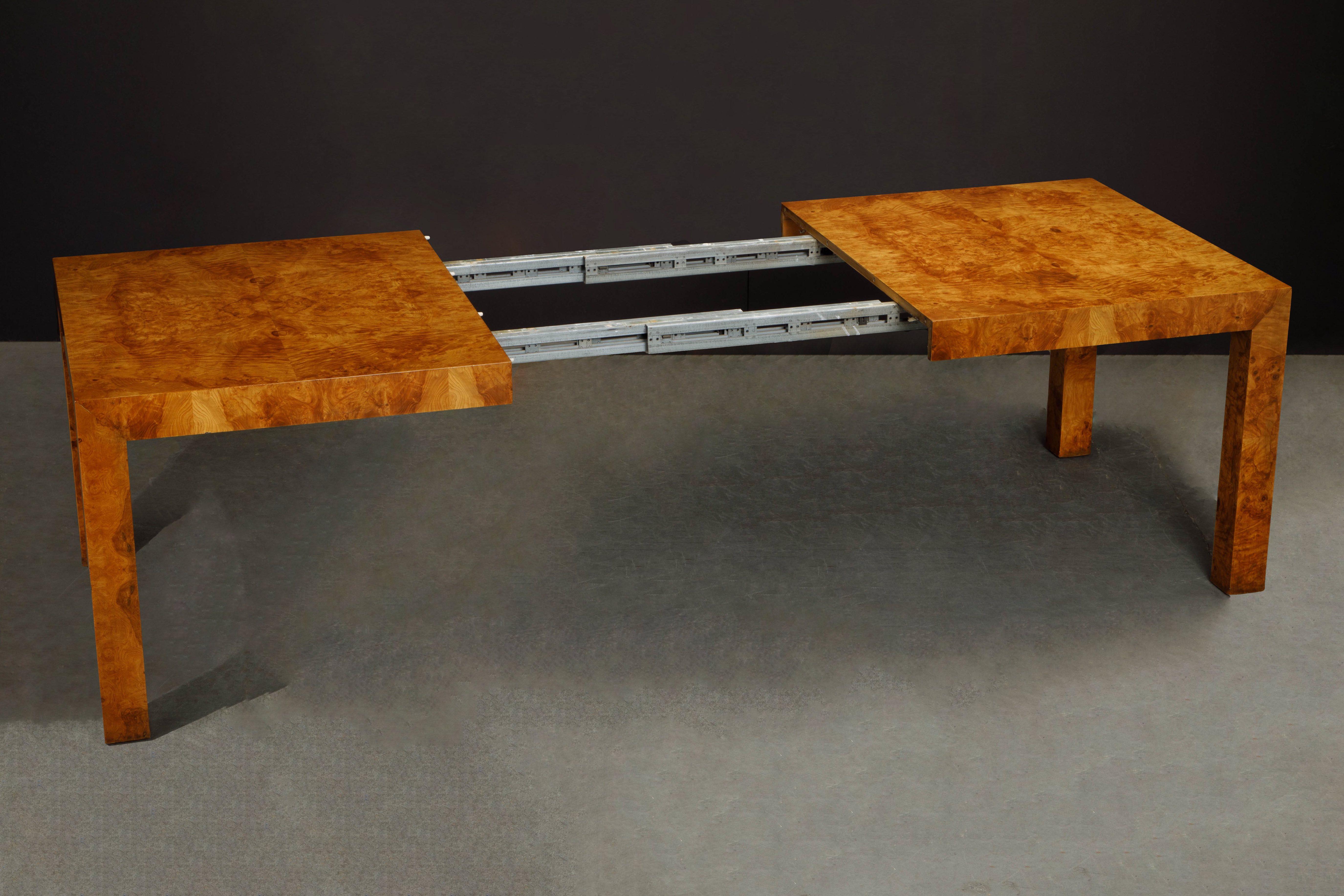 Milo Baughman Extendable Burl Dining Table Refinished in a French Polish, 1970s  2