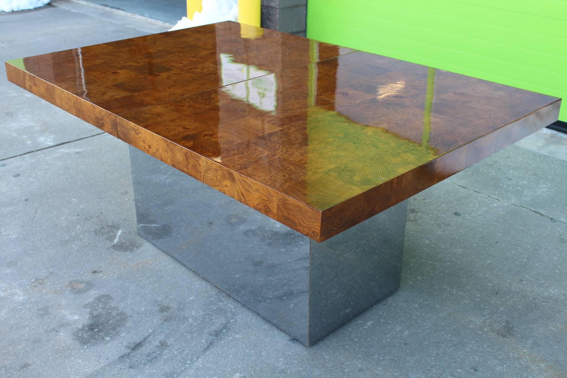 Mid-Century Modern Milo Baughman Extendable Dining Table of Burl Wood Tiles on Chrome Base