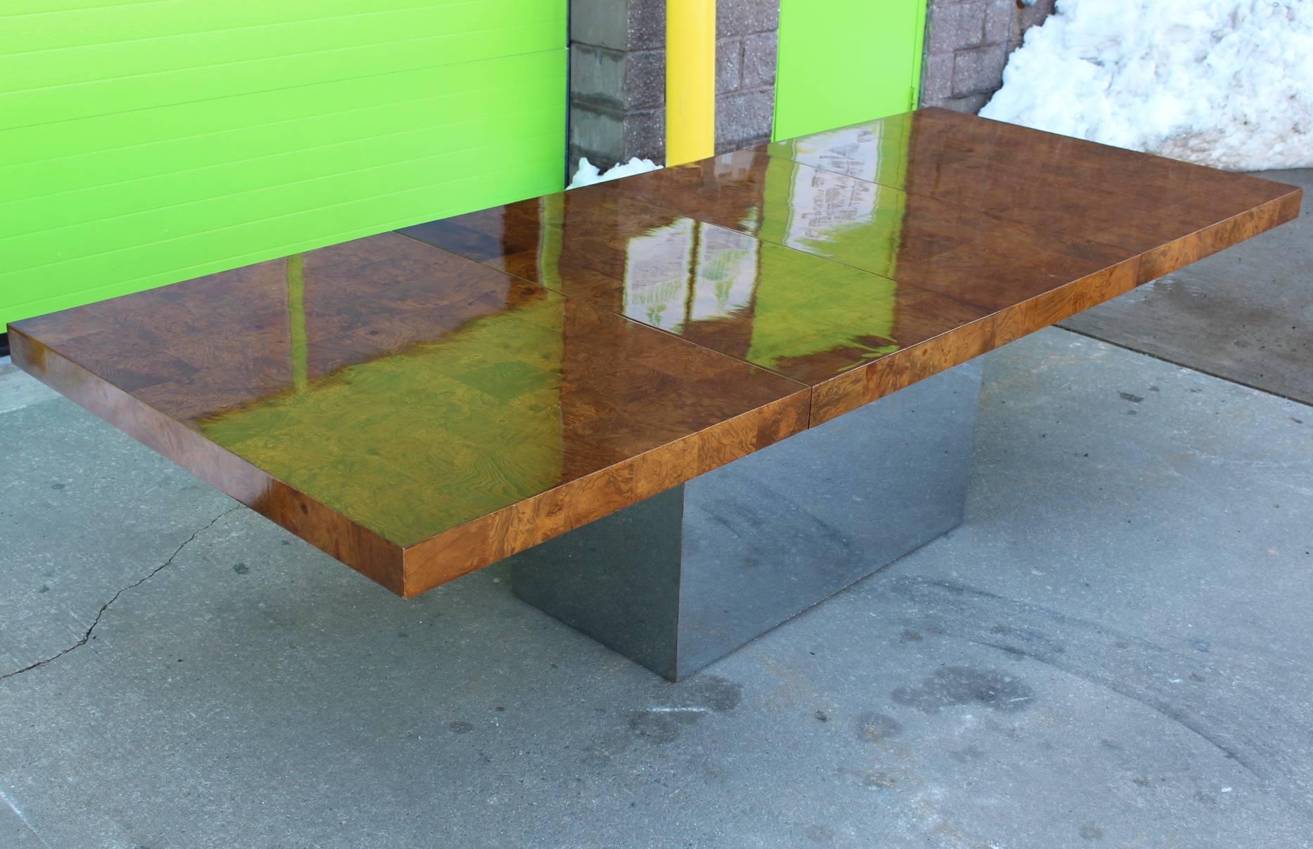 American Milo Baughman Extendable Dining Table of Burl Wood Tiles on Chrome Base