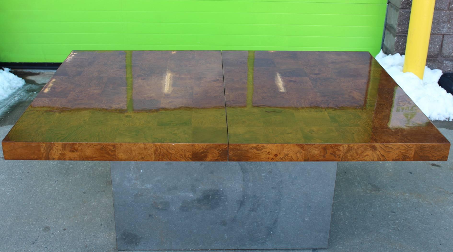20th Century Milo Baughman Extendable Dining Table of Burl Wood Tiles on Chrome Base
