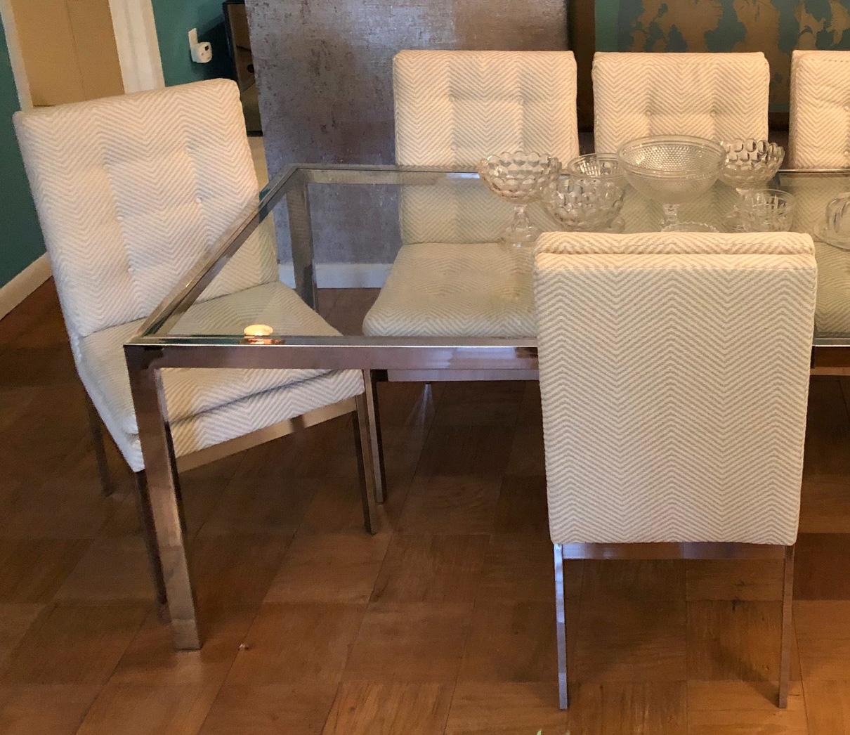 Incredible, set of six, 1970s Milo Baughman for the Design Institute of America mirror-finish chrome dining chairs, newly reupholstered in Thibaut Peak Herringbone-Straw cotton blend fabric. Each chair, 25