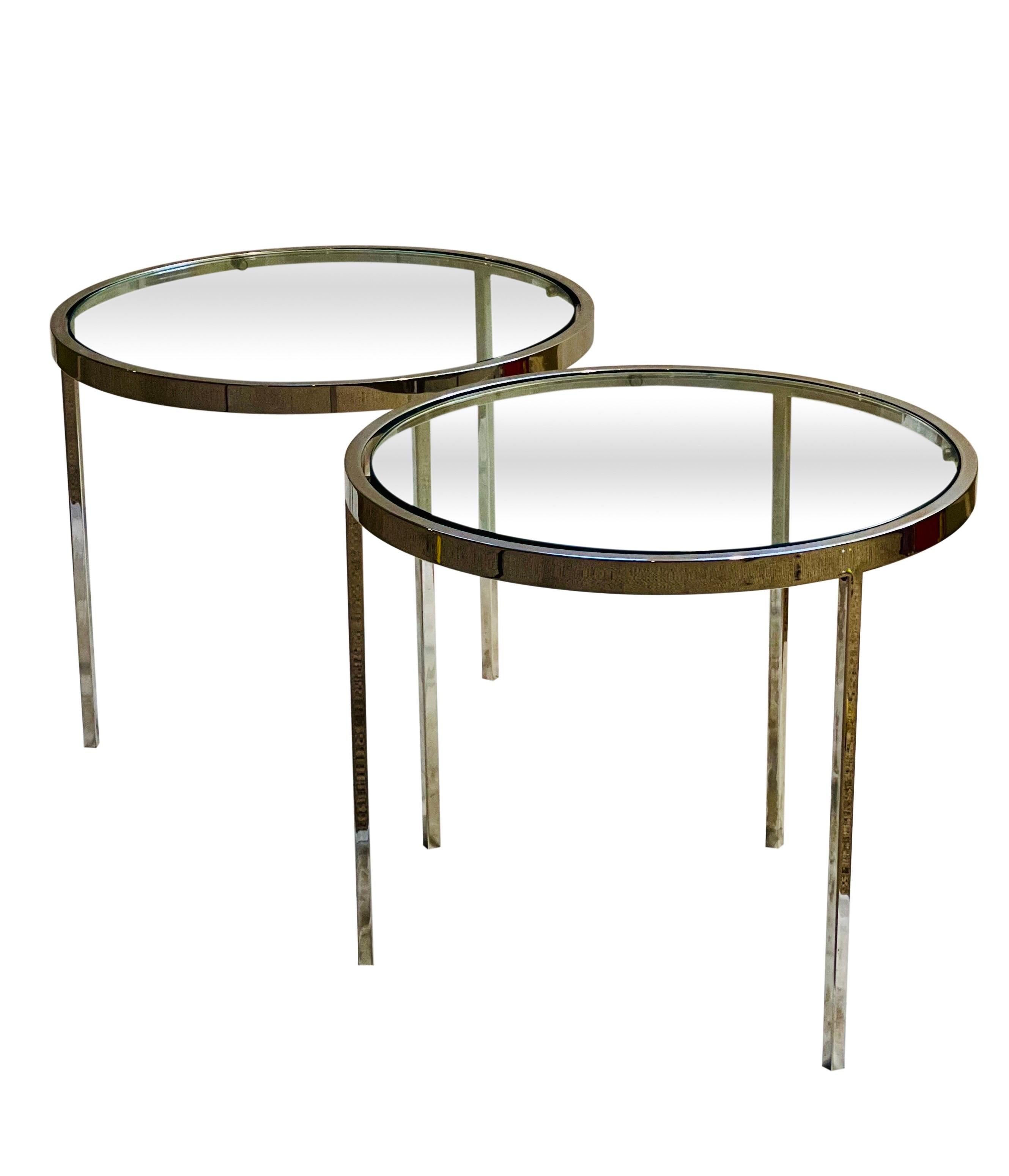 Polished Milo Baughman Flat Bar Chrome and Glass Low Side Tables, Pair