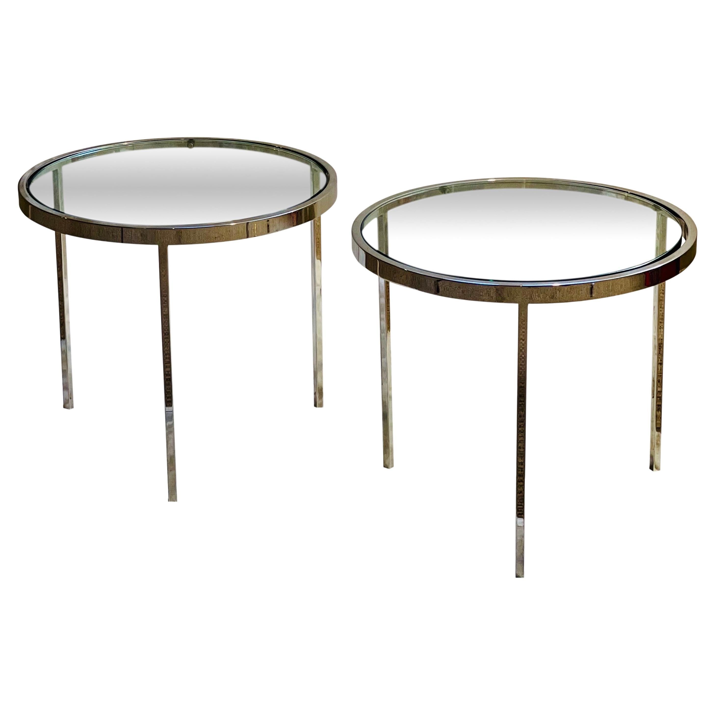 Milo Baughman Flat Bar Chrome and Glass Low Side Tables, Pair