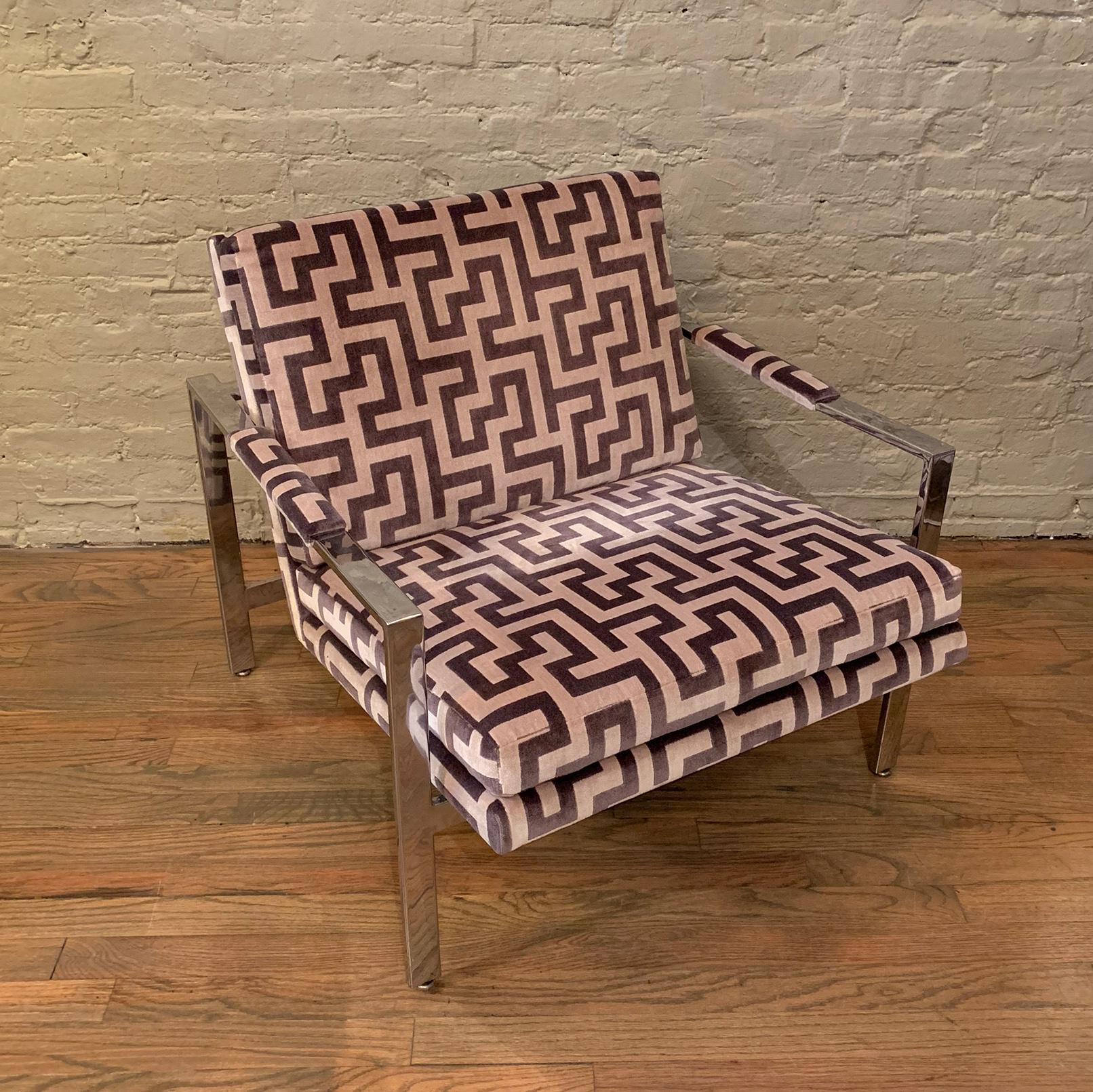 Mid-Century Modern Milo Baughman Flat Bar Chrome Upholstered Lounge Chair
