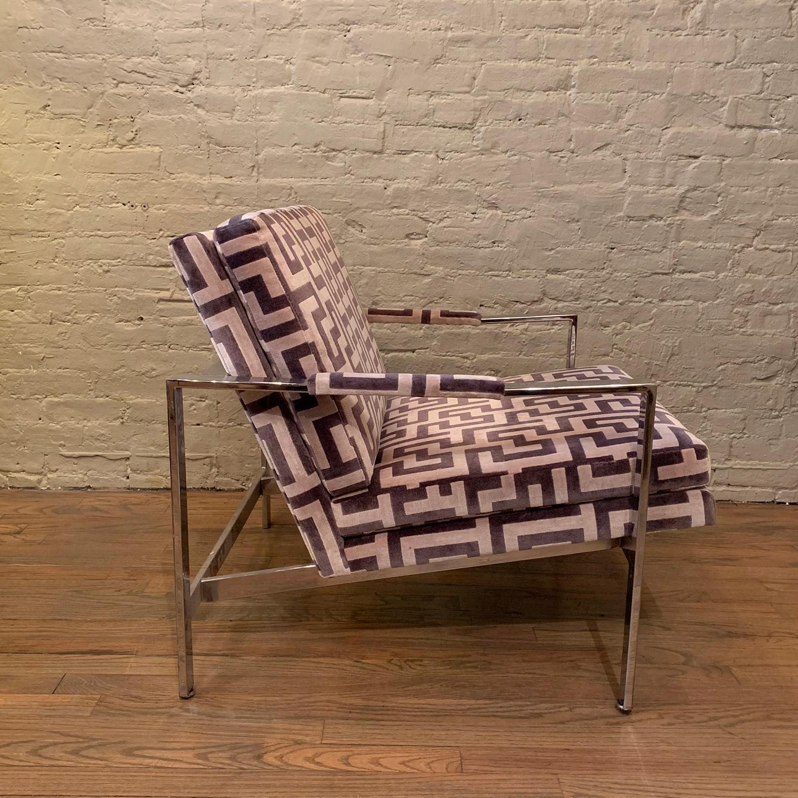 American Milo Baughman Flat Bar Chrome Upholstered Lounge Chair