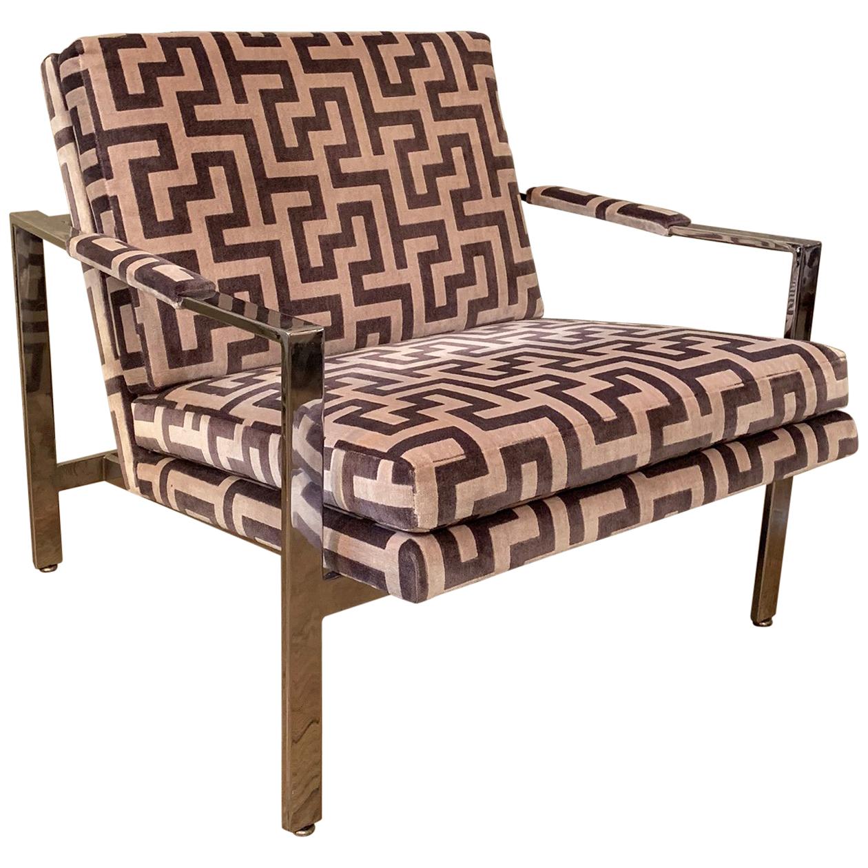 Milo Baughman Flat Bar Chrome Upholstered Lounge Chair