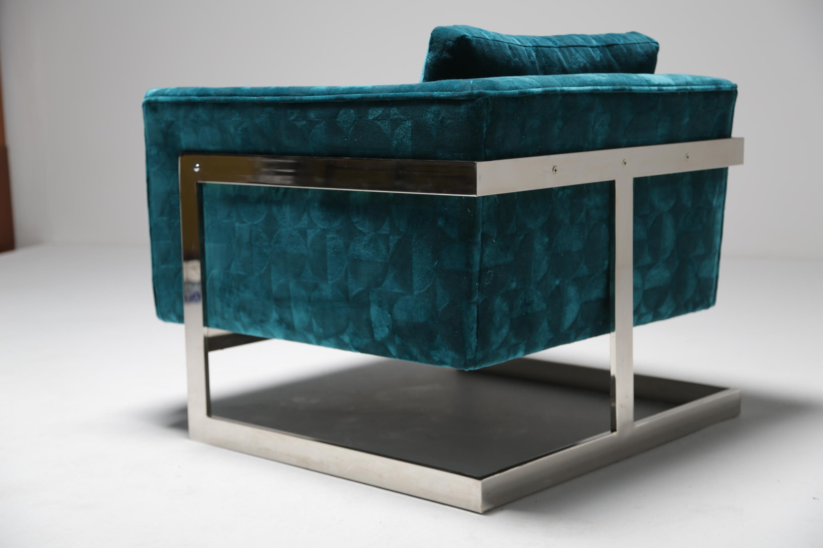Milo Baughman Floating Cube Lounge Chair in Patterned Teal Velvet im Angebot 2