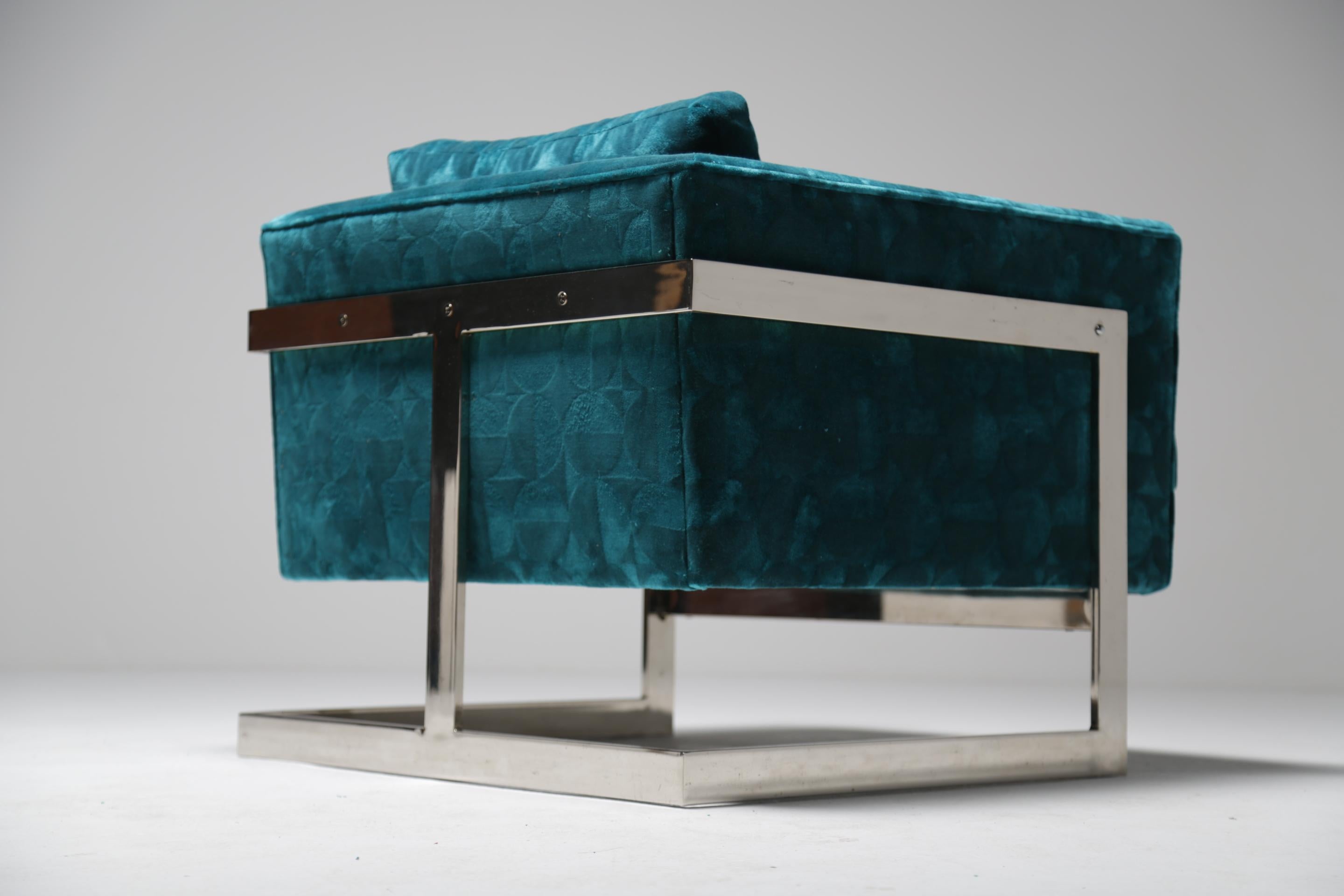 Milo Baughman Floating Cube Lounge Chair in Patterned Teal Velvet im Angebot 3