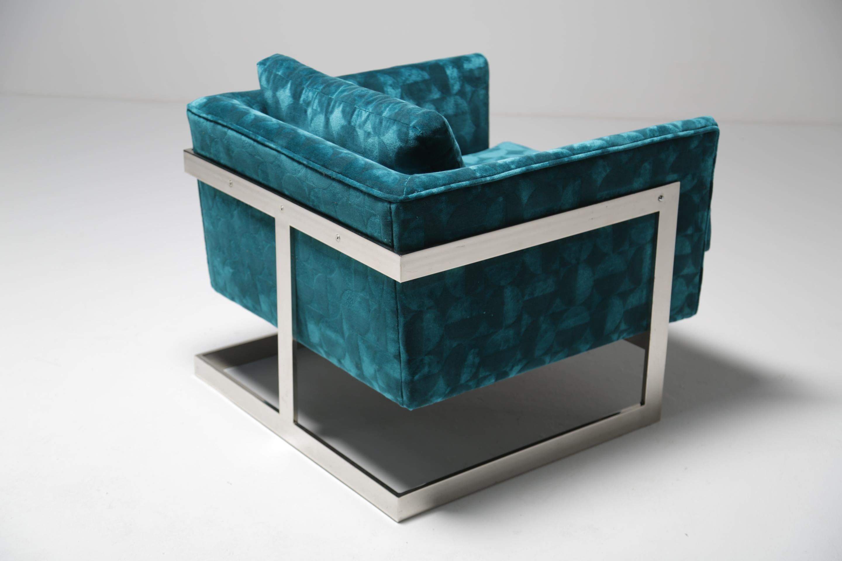 Milo Baughman Floating Cube Lounge Chair in Patterned Teal Velvet im Angebot 4