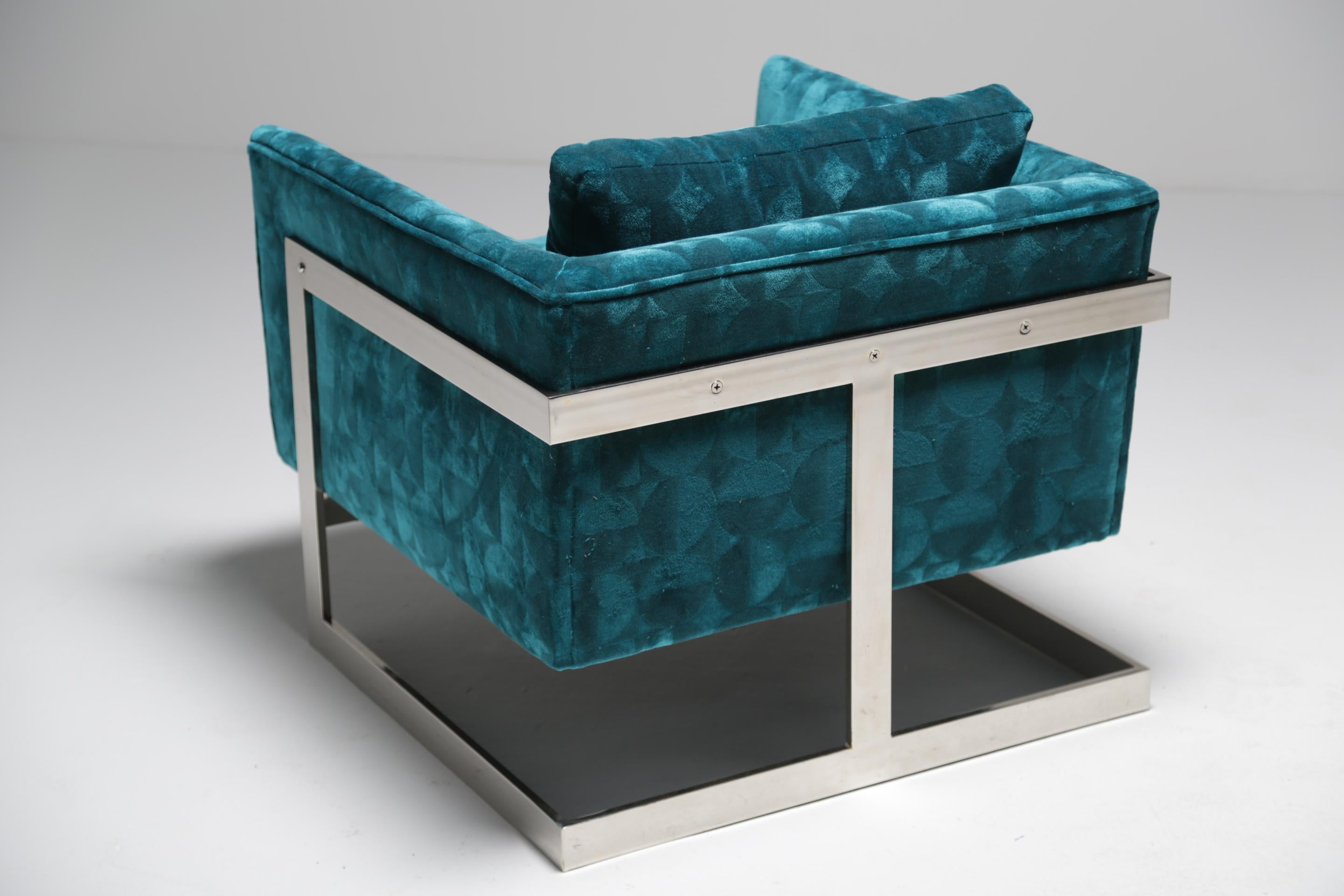 Milo Baughman Floating Cube Lounge Chair in Patterned Teal Velvet im Angebot 5