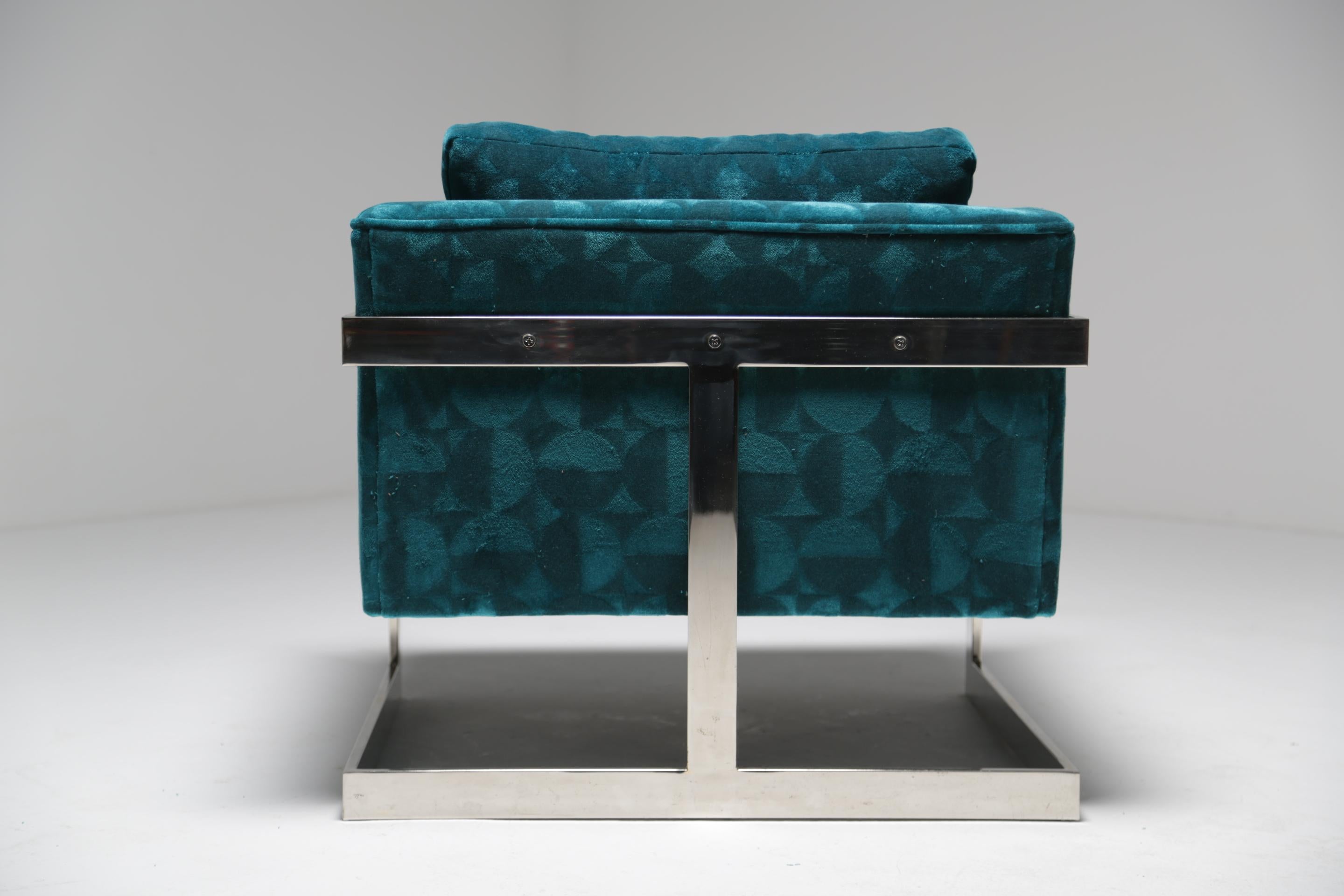 Milo Baughman Floating Cube Lounge Chair in Patterned Teal Velvet im Angebot 6