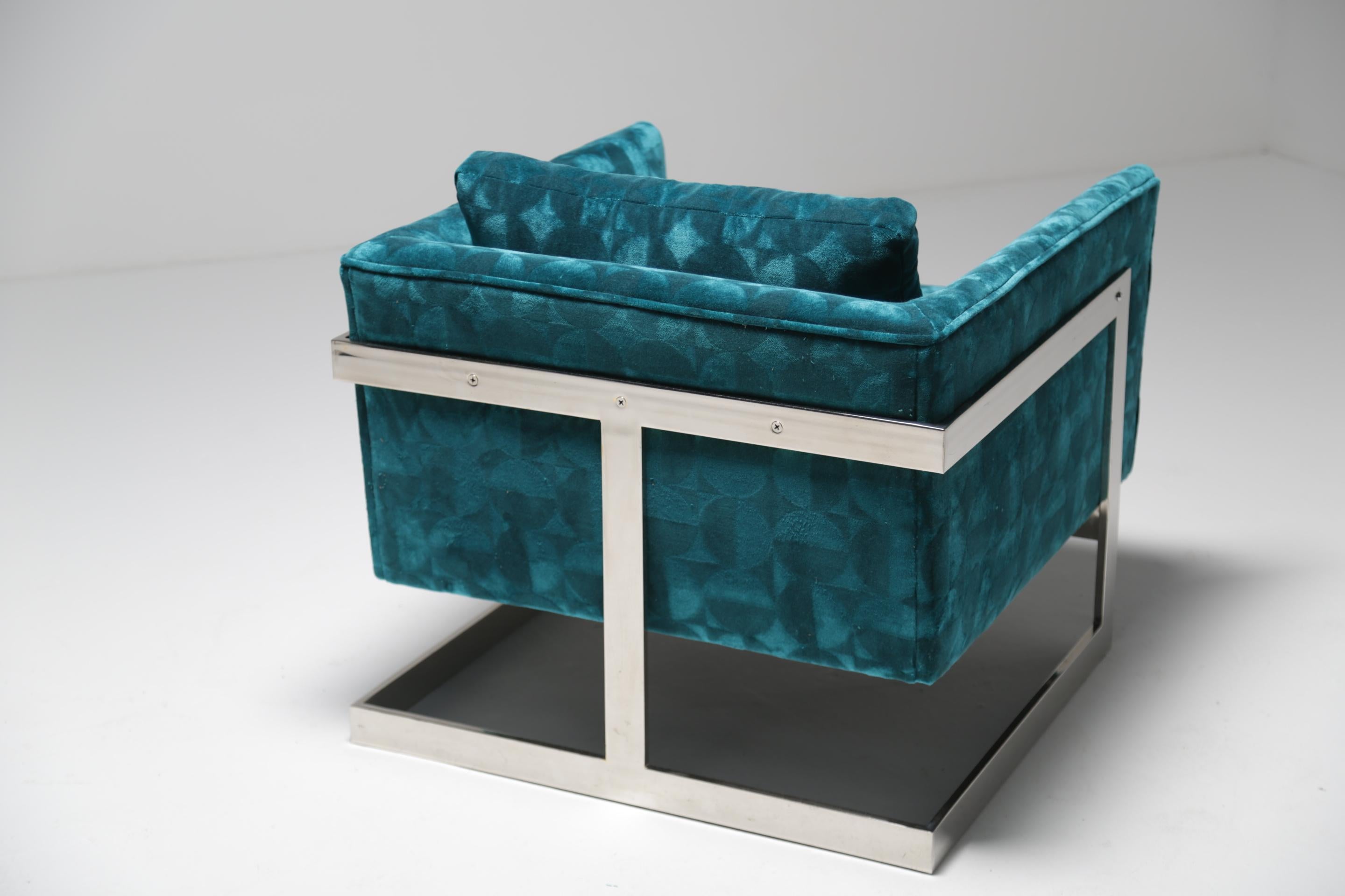 Milo Baughman Floating Cube Lounge Chair in Patterned Teal Velvet im Angebot 7