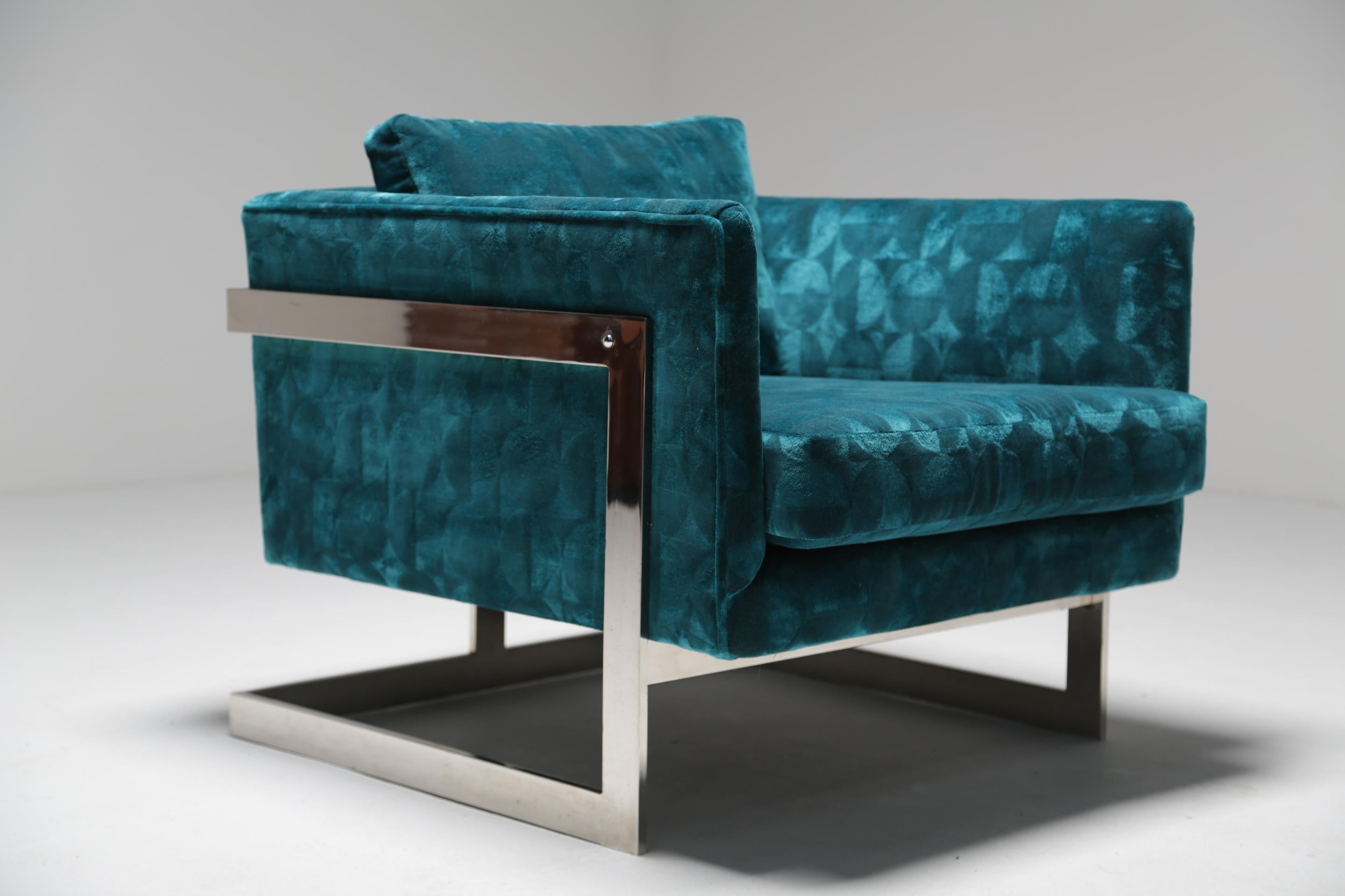 Milo Baughman Floating Cube Lounge Chair in Patterned Teal Velvet (Moderne der Mitte des Jahrhunderts) im Angebot