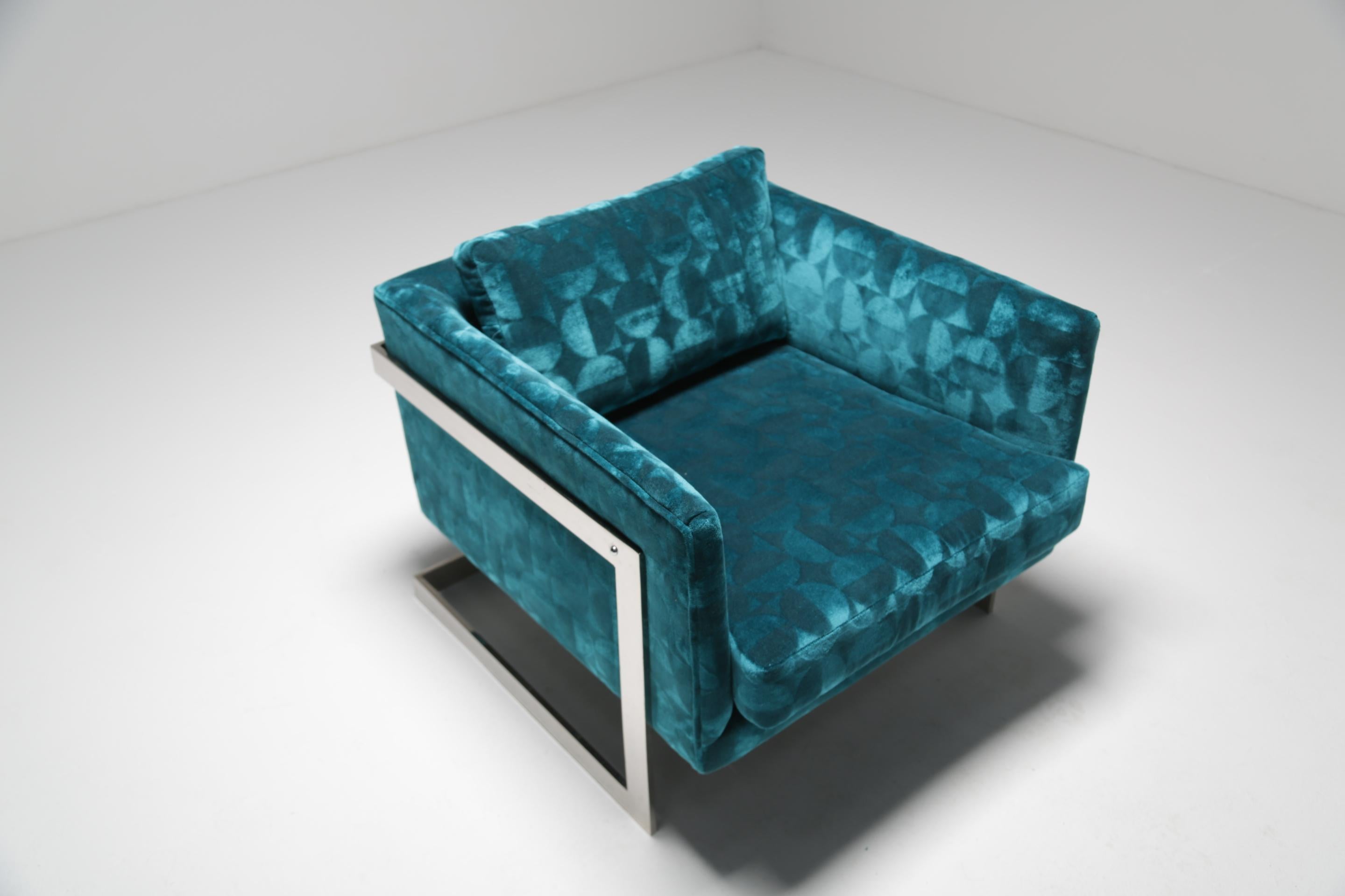 Milo Baughman Floating Cube Lounge Chair in Patterned Teal Velvet (Beschichtet) im Angebot