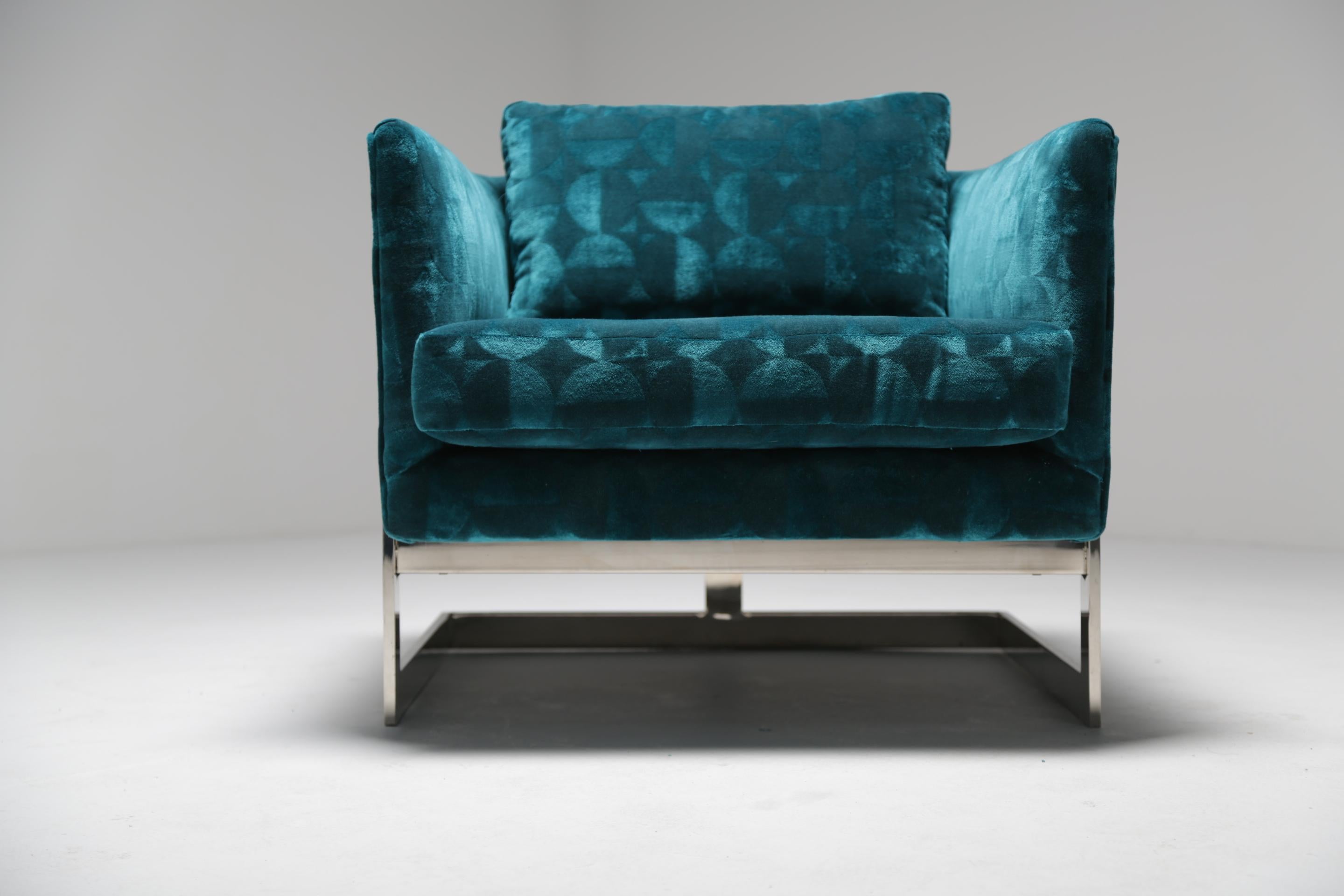 Milo Baughman Floating Cube Lounge Chair in Patterned Teal Velvet im Zustand „Relativ gut“ im Angebot in Oberstown, Lusk, IE