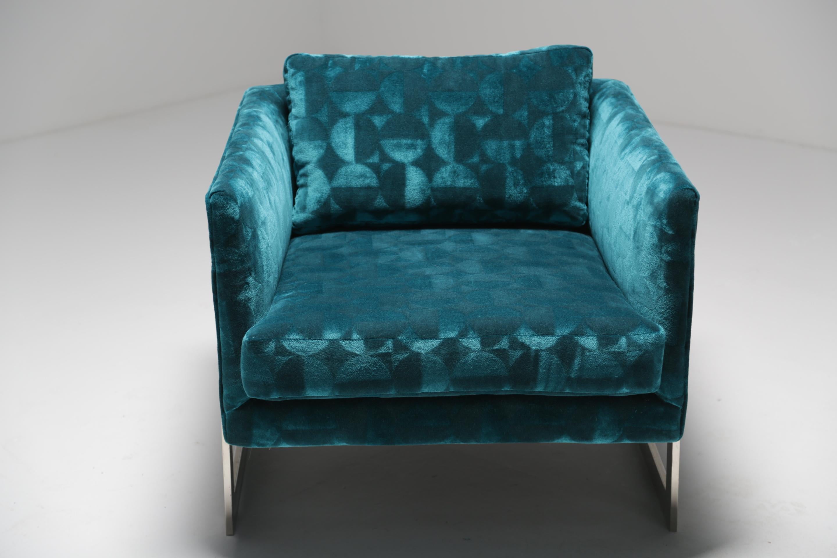 Milo Baughman Floating Cube Lounge Chair in Patterned Teal Velvet (Ende des 20. Jahrhunderts) im Angebot