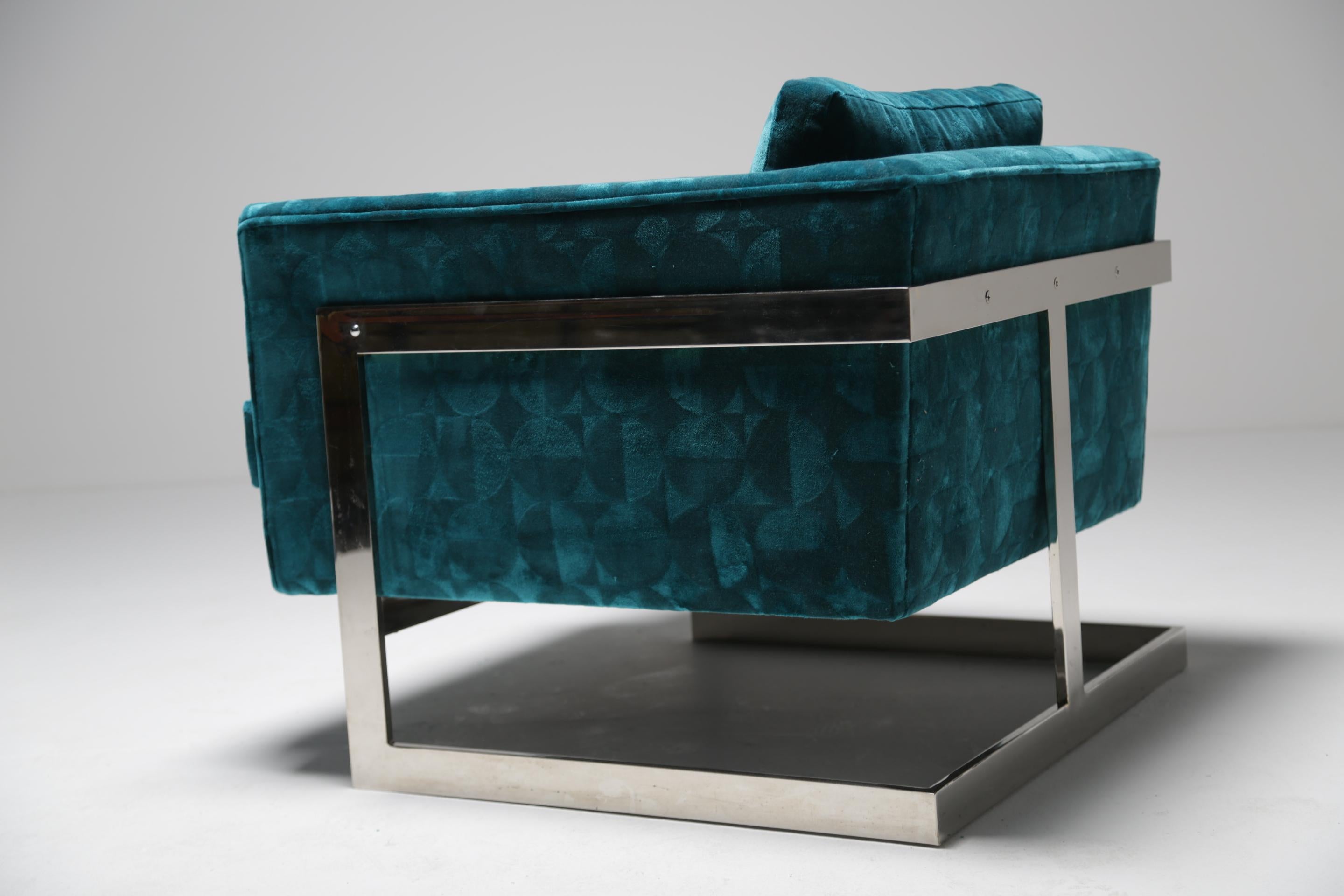 Milo Baughman Floating Cube Lounge Chair in Patterned Teal Velvet im Angebot 1