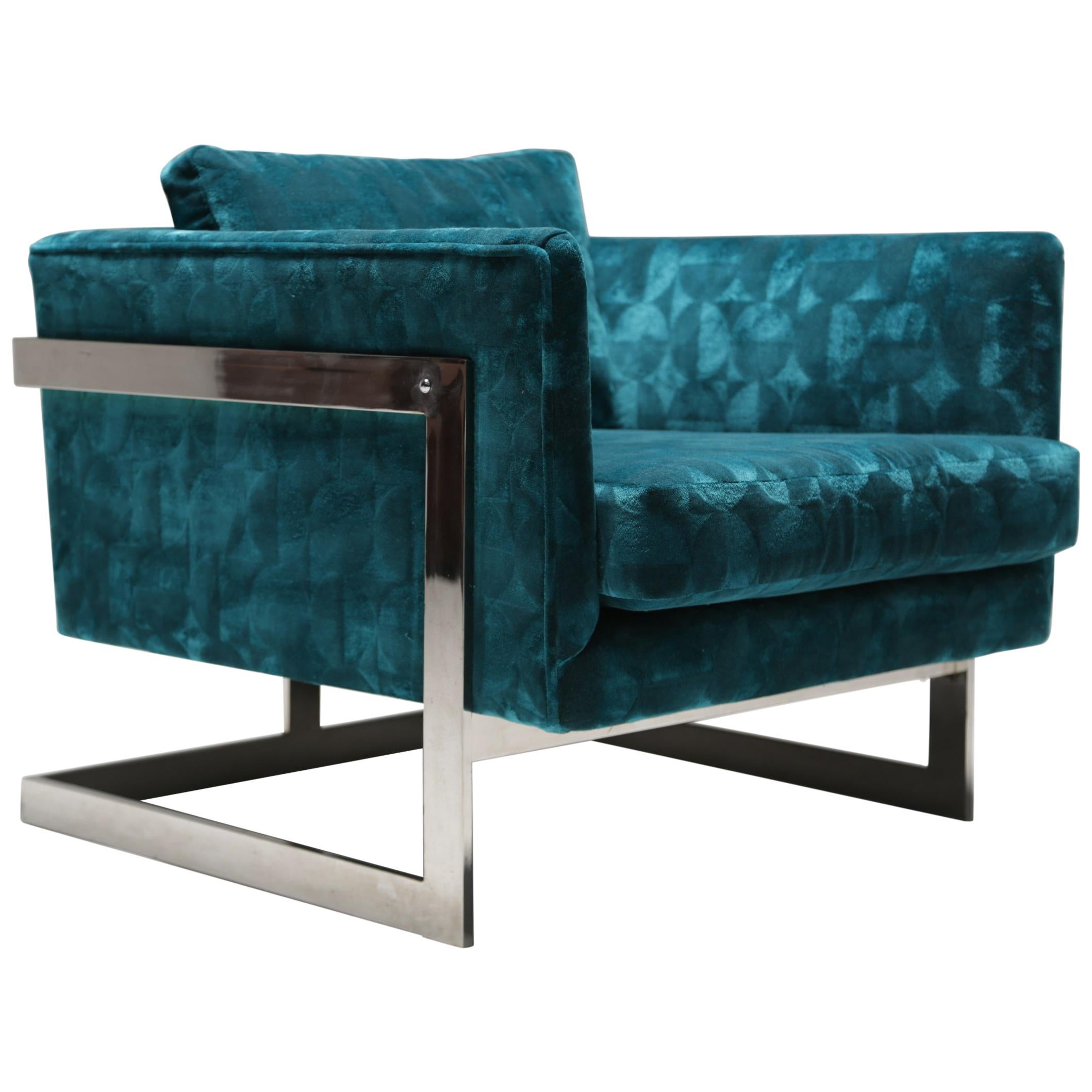 Milo Baughman Floating Cube Lounge Chair in Patterned Teal Velvet im Angebot