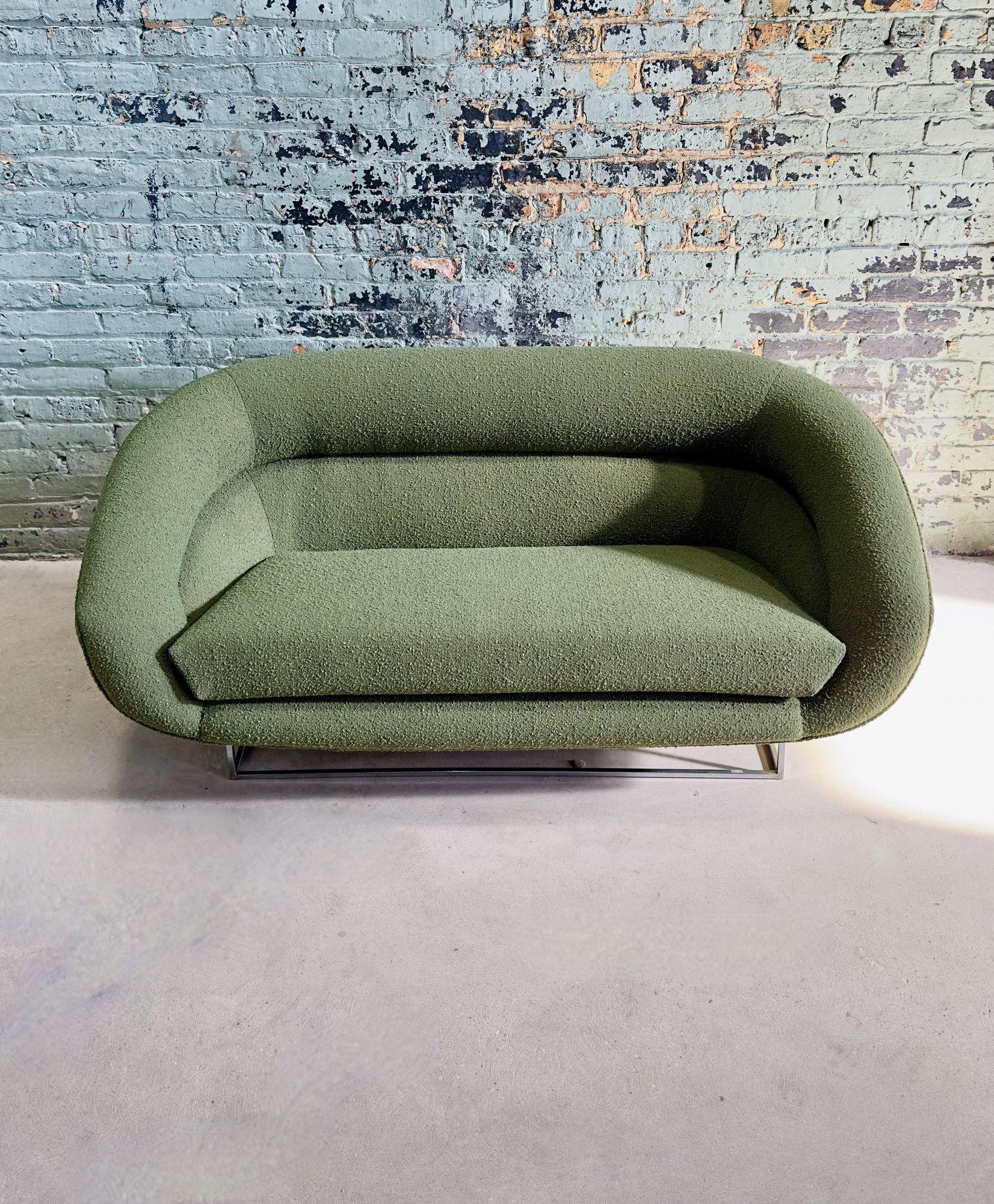 Milo Baughman Floating Sofa w/Chrome Base, 1960. Newly reupholstered in green boucle.
Measures 57
