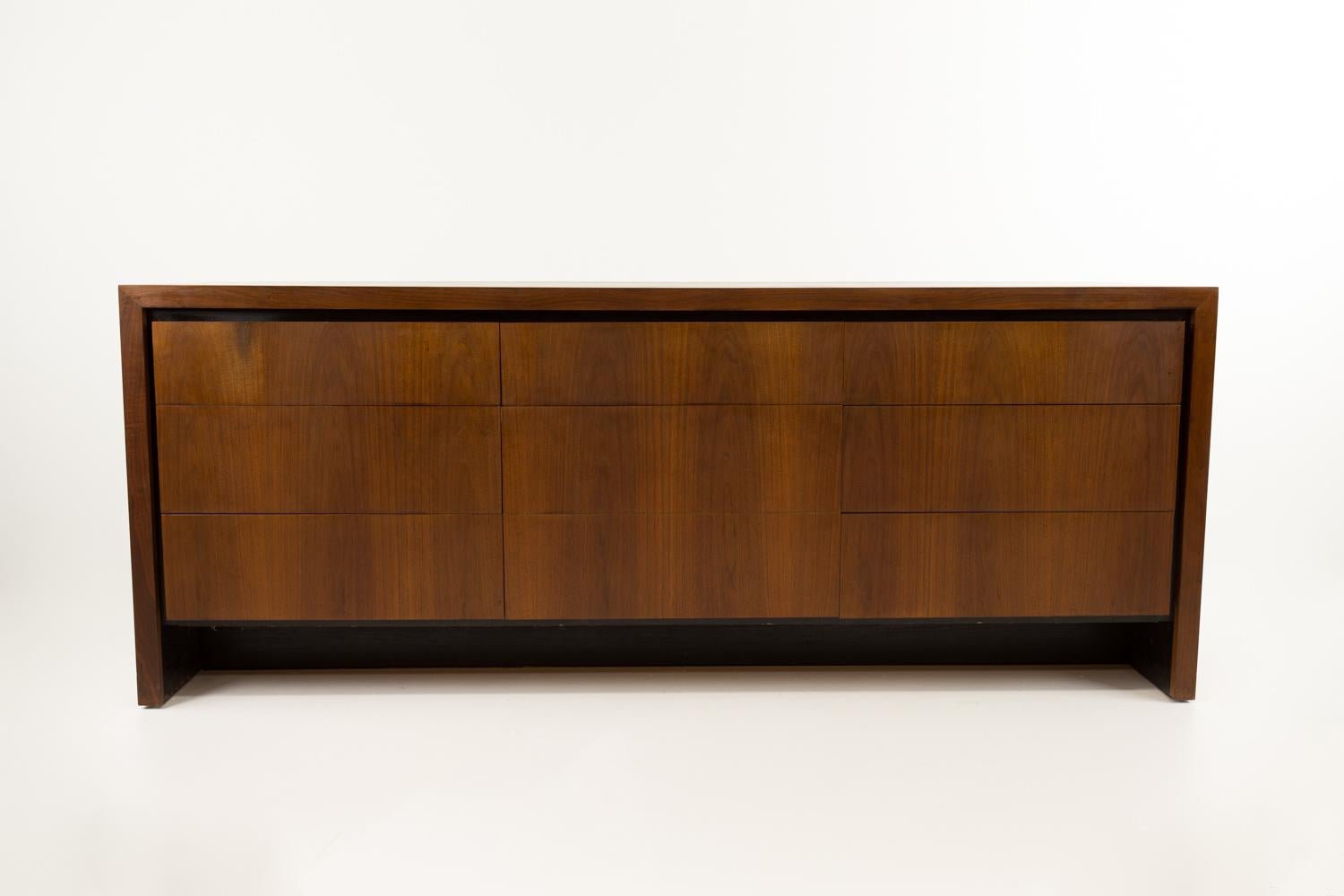 Merton Gershun for Dillingham mid century walnut lowboy dresser
Dresser measures: 74 long x 19 deep x 29.5 inches high

All pieces of furniture can be had in what we call restored vintage condition. That means the piece is restored upon purchase