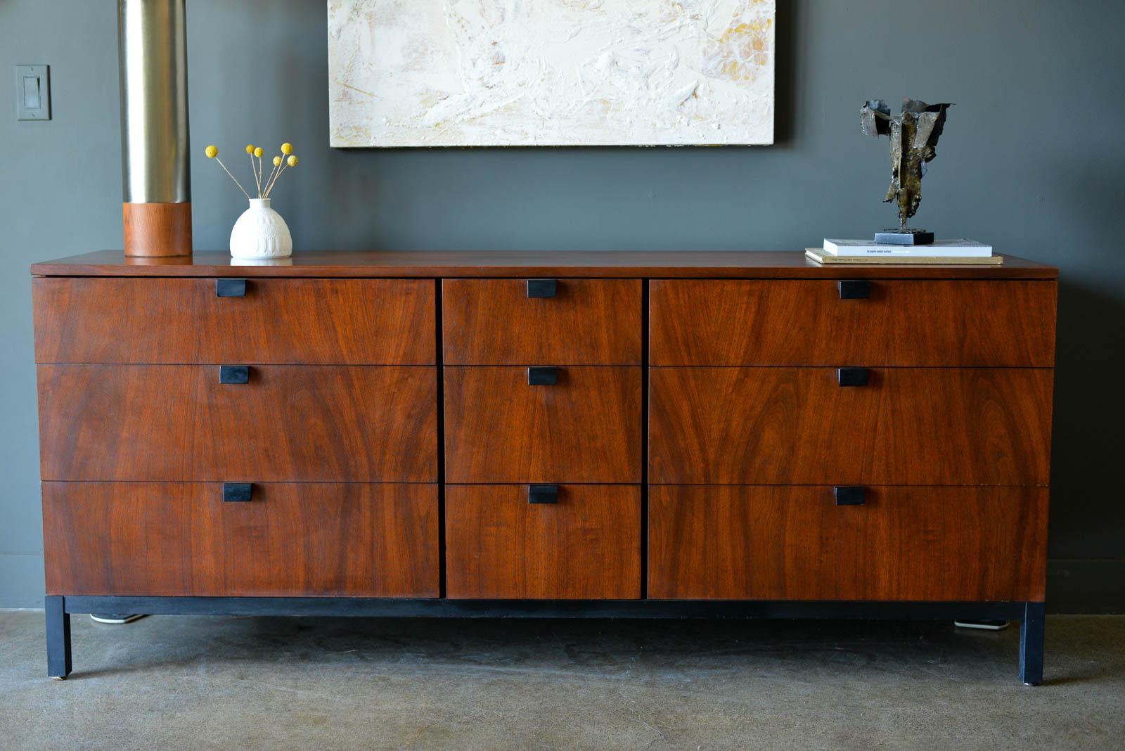 Milo Baughman for Directional 9 Drawer Walnut Dresser, ca. 1970. Beautiful walnut grain and ebonized hardware and base/leg trim. Piece is in original vintage condition, has not been refinished, just hand oiled and polished. 8/10 rating. Beautiful