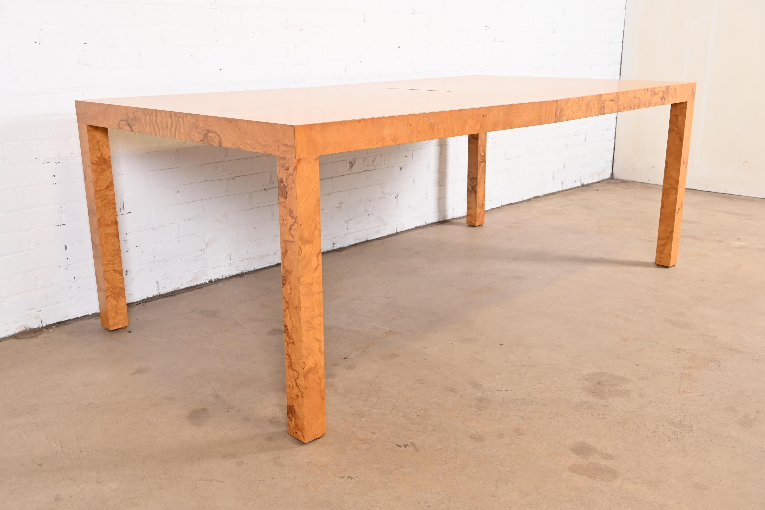 Milo Baughman for Directional Burl Wood Parsons Dining Table, Newly Refinished For Sale 2