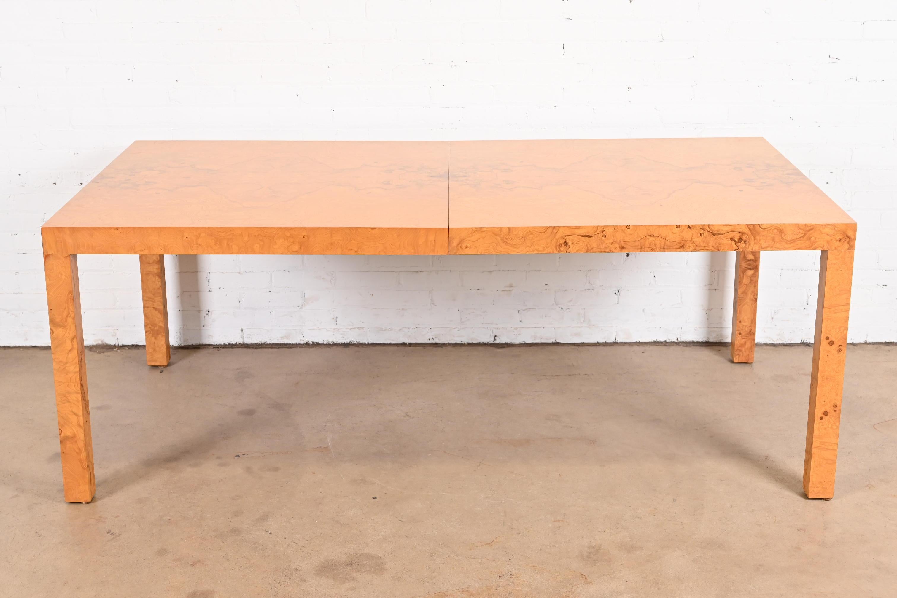 Mid-Century Modern Milo Baughman for Directional Burl Wood Parsons Dining Table, Newly Refinished For Sale