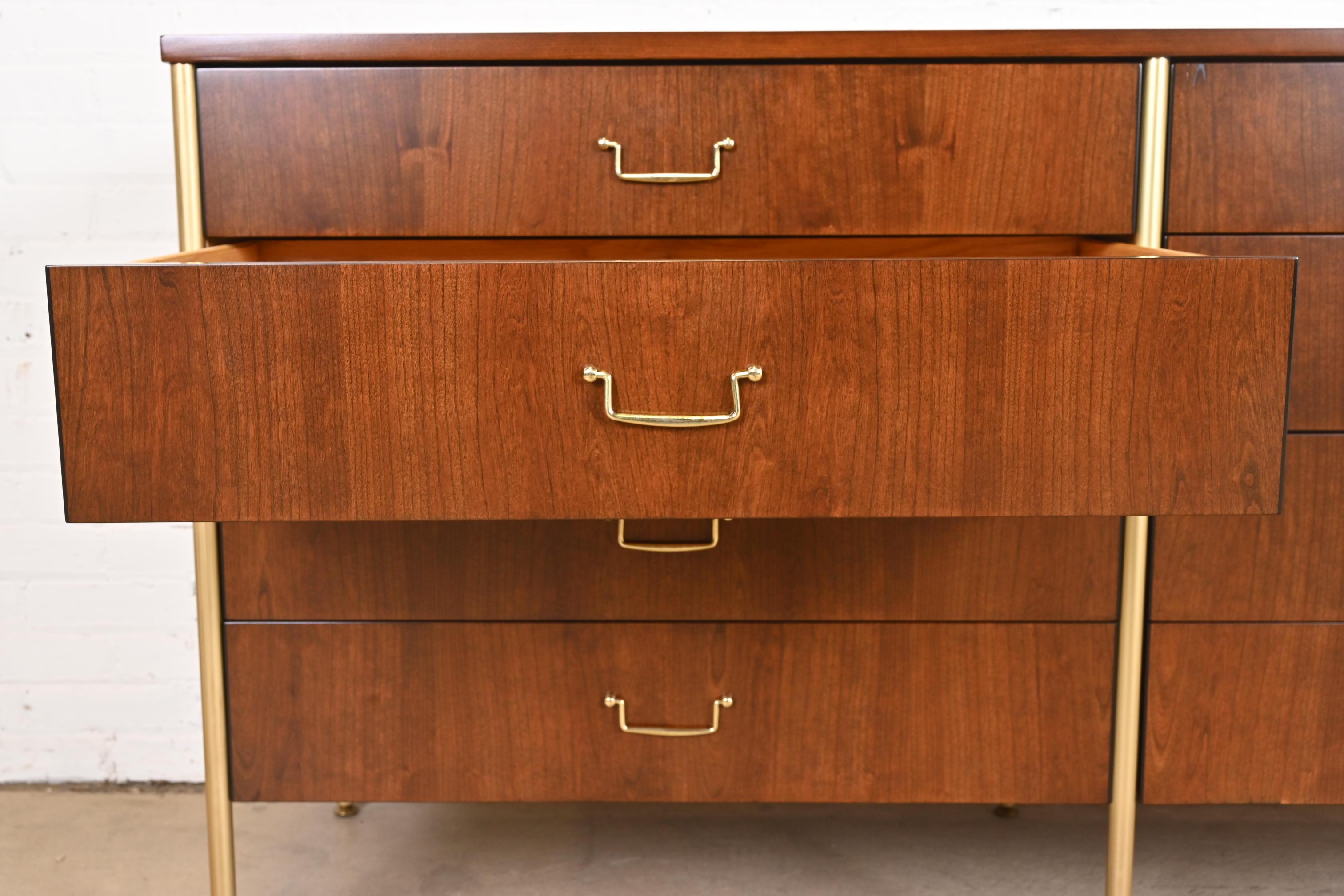 Milo Baughman for Directional Cherry and Brass Double Dresser, Newly Refinished For Sale 6