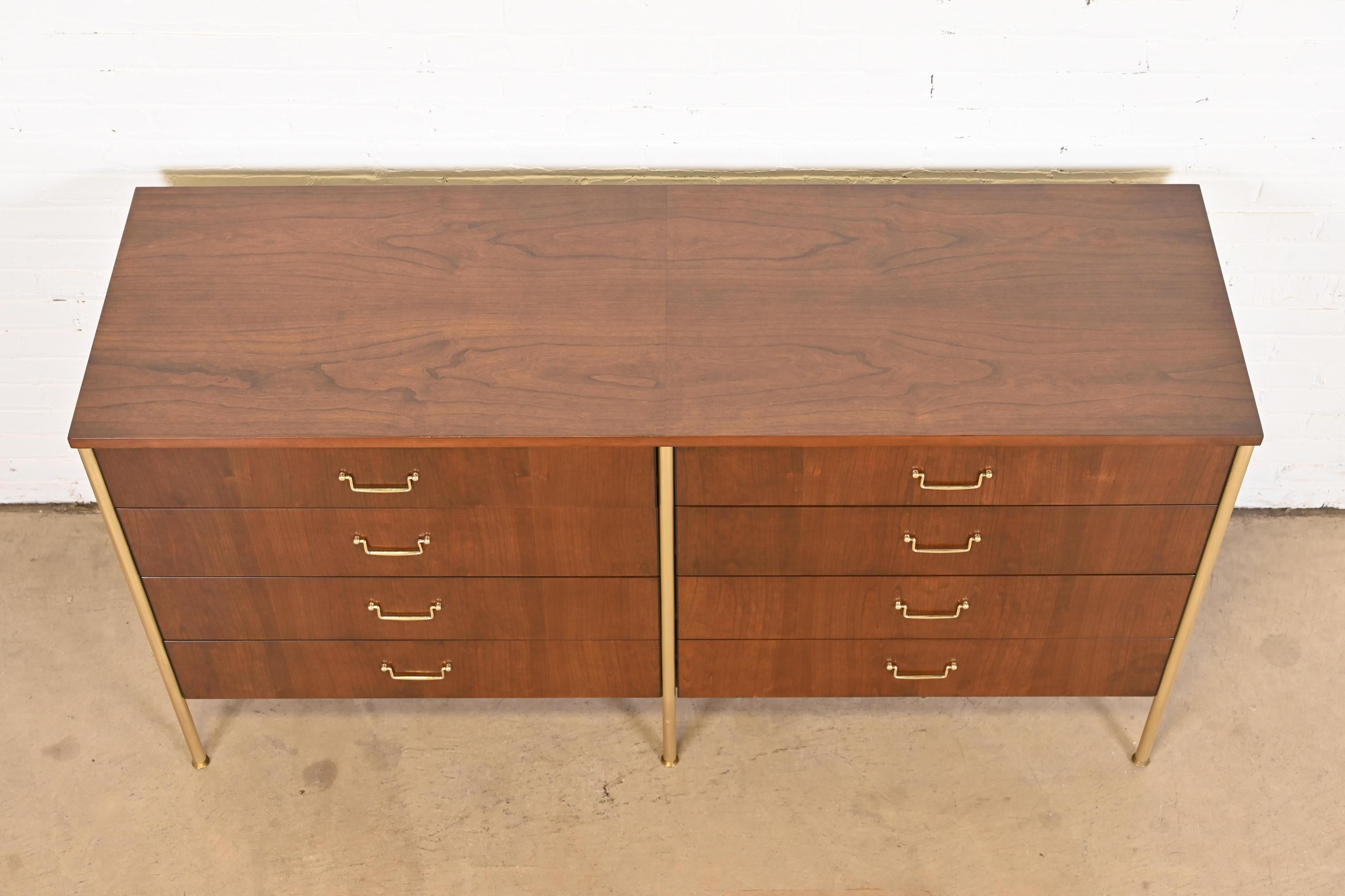 Milo Baughman for Directional Cherry and Brass Double Dresser, Newly Refinished For Sale 9