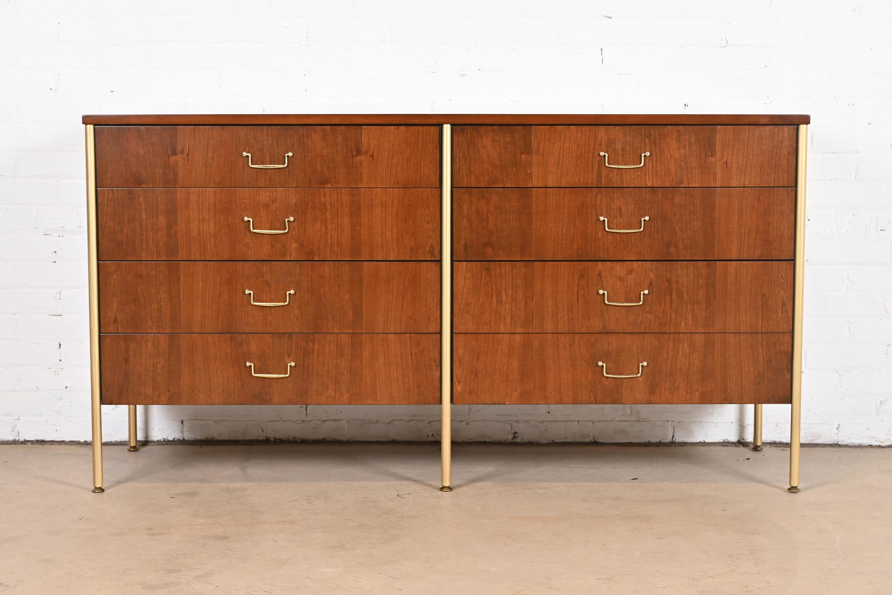 Mid-Century Modern Milo Baughman for Directional Cherry and Brass Double Dresser, Newly Refinished For Sale