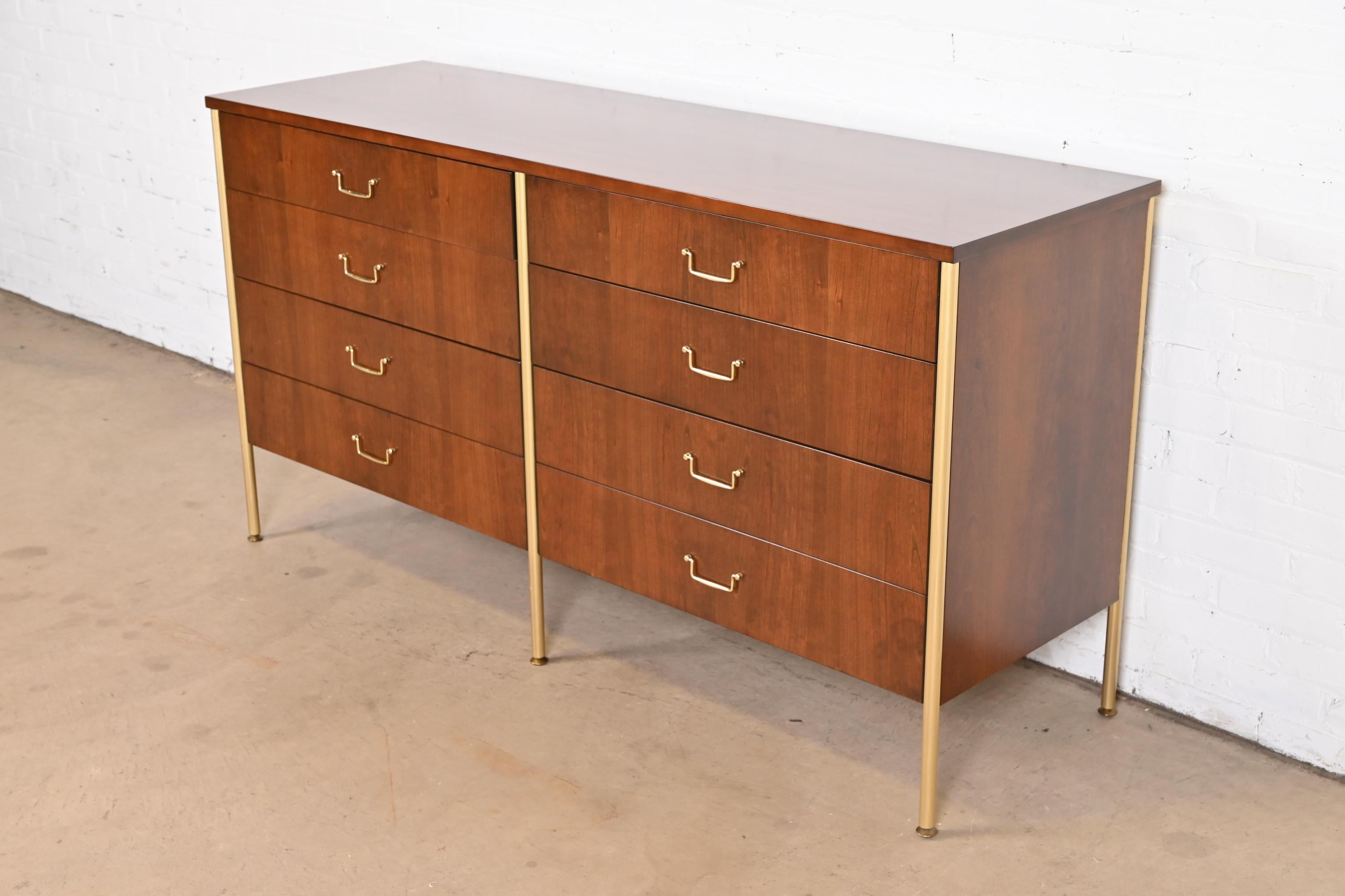 American Milo Baughman for Directional Cherry and Brass Double Dresser, Newly Refinished For Sale