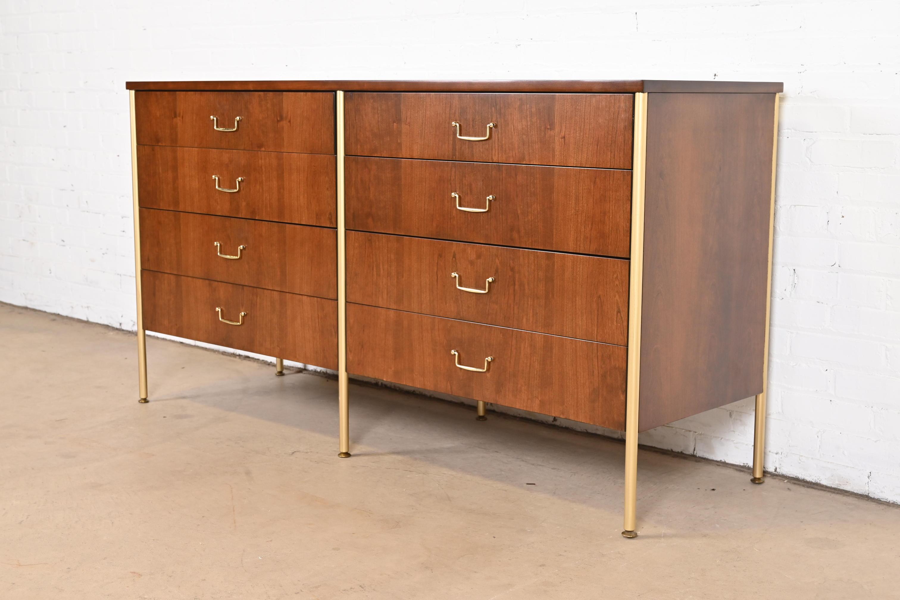 Milo Baughman for Directional Cherry and Brass Double Dresser, Newly Refinished In Good Condition For Sale In South Bend, IN