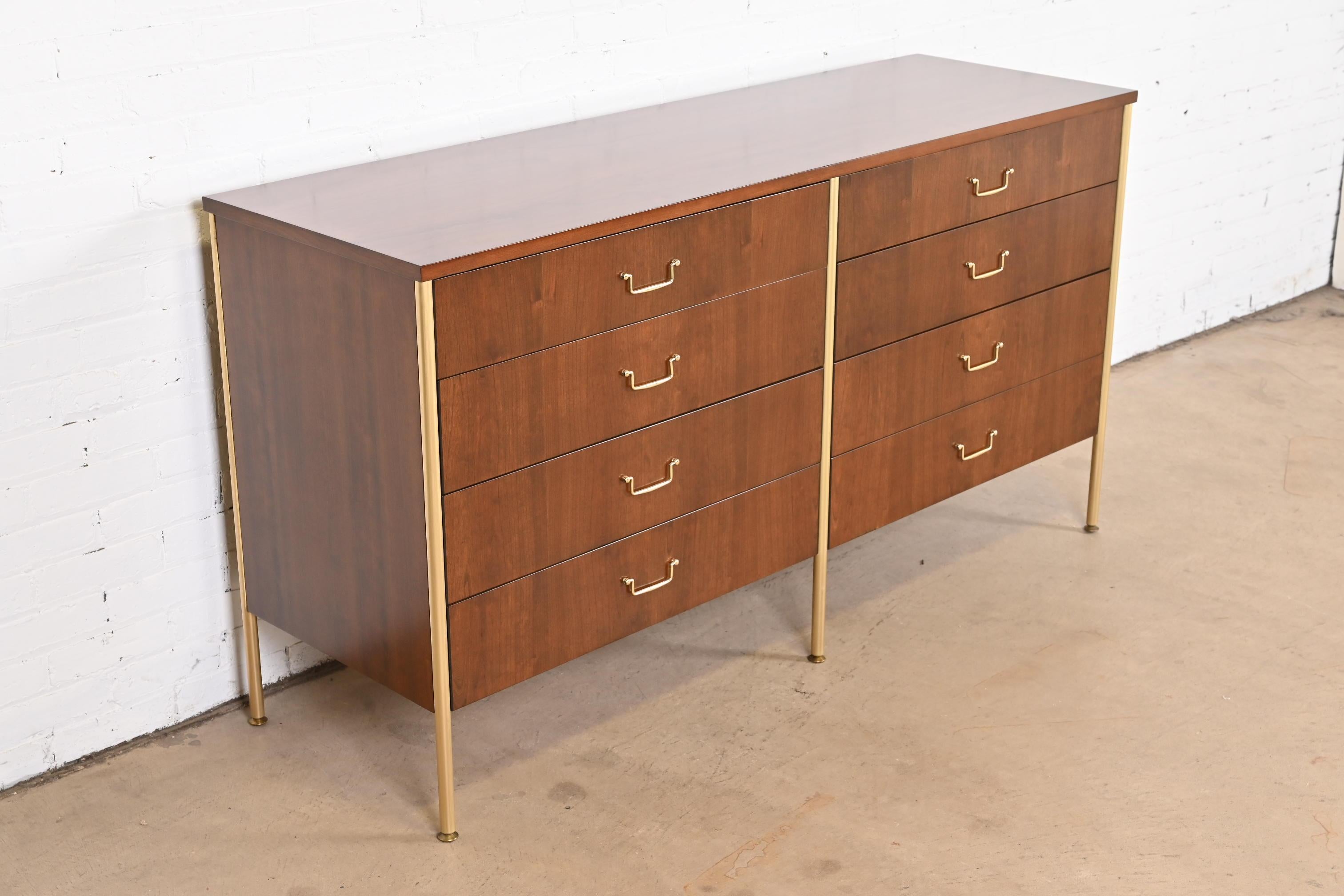 Mid-20th Century Milo Baughman for Directional Cherry and Brass Double Dresser, Newly Refinished For Sale
