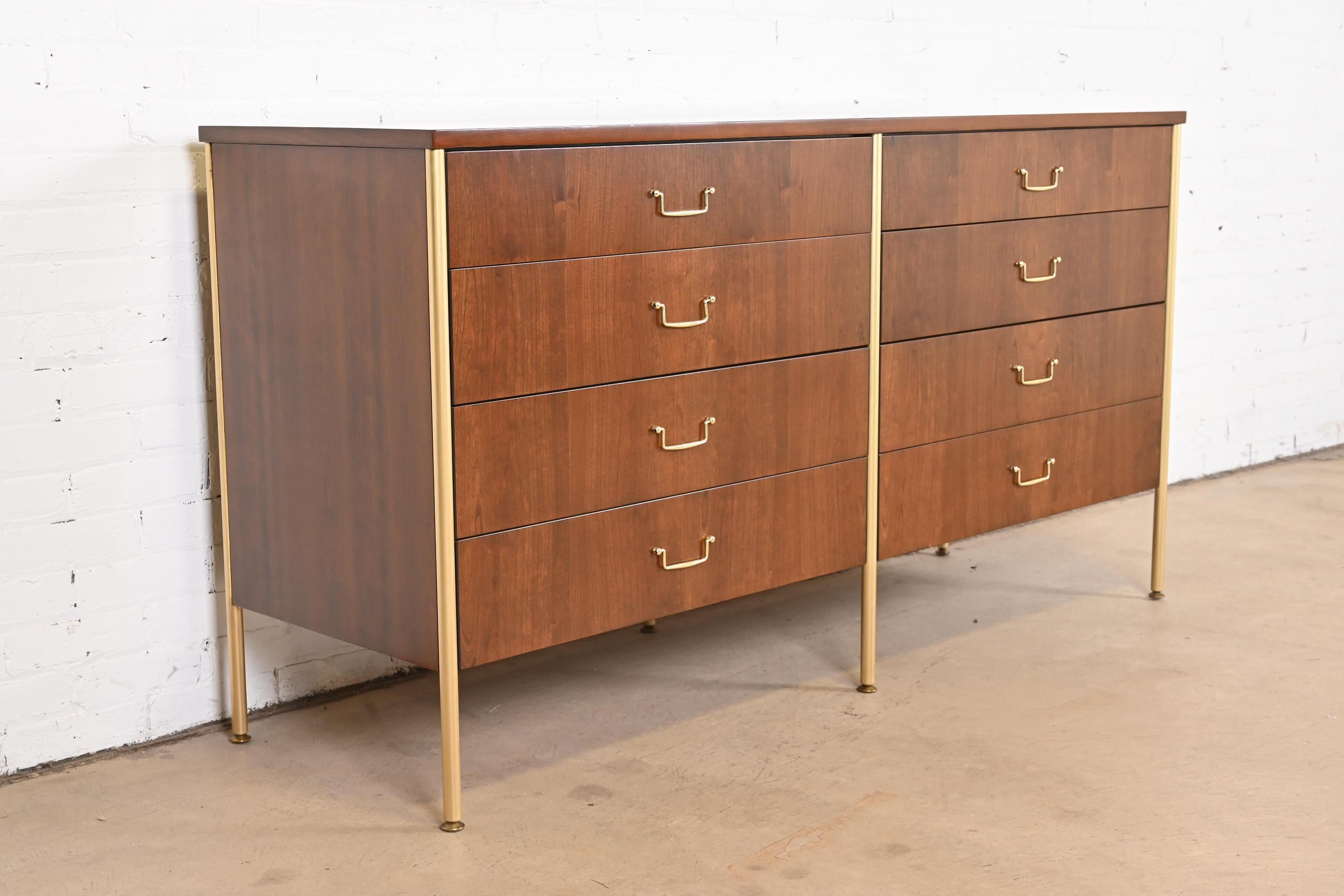 Milo Baughman for Directional Cherry and Brass Double Dresser, Newly Refinished For Sale 1