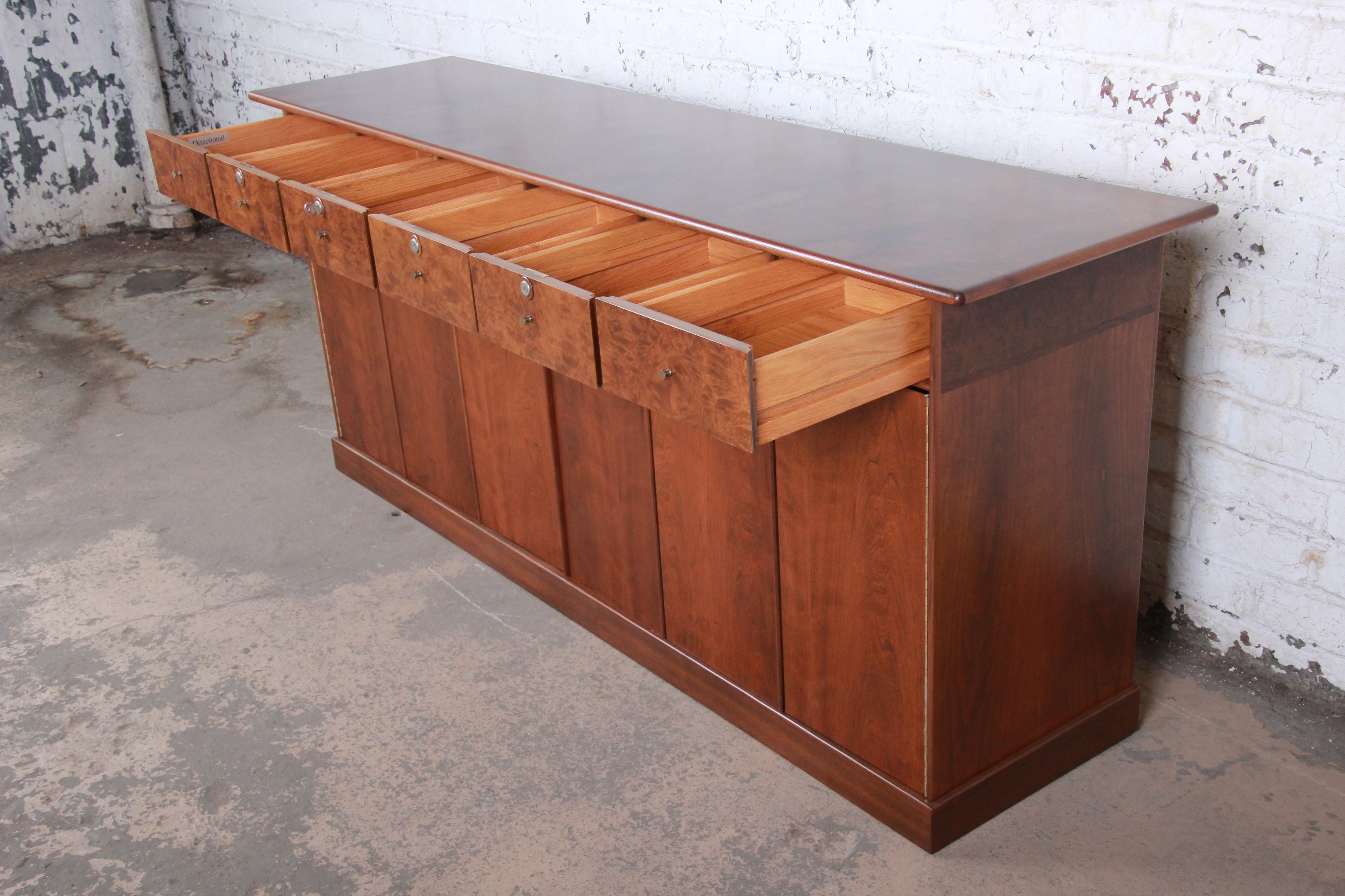 Milo Baughman for Directional Cherry and Burl Dresser or Credenza, Restored 3