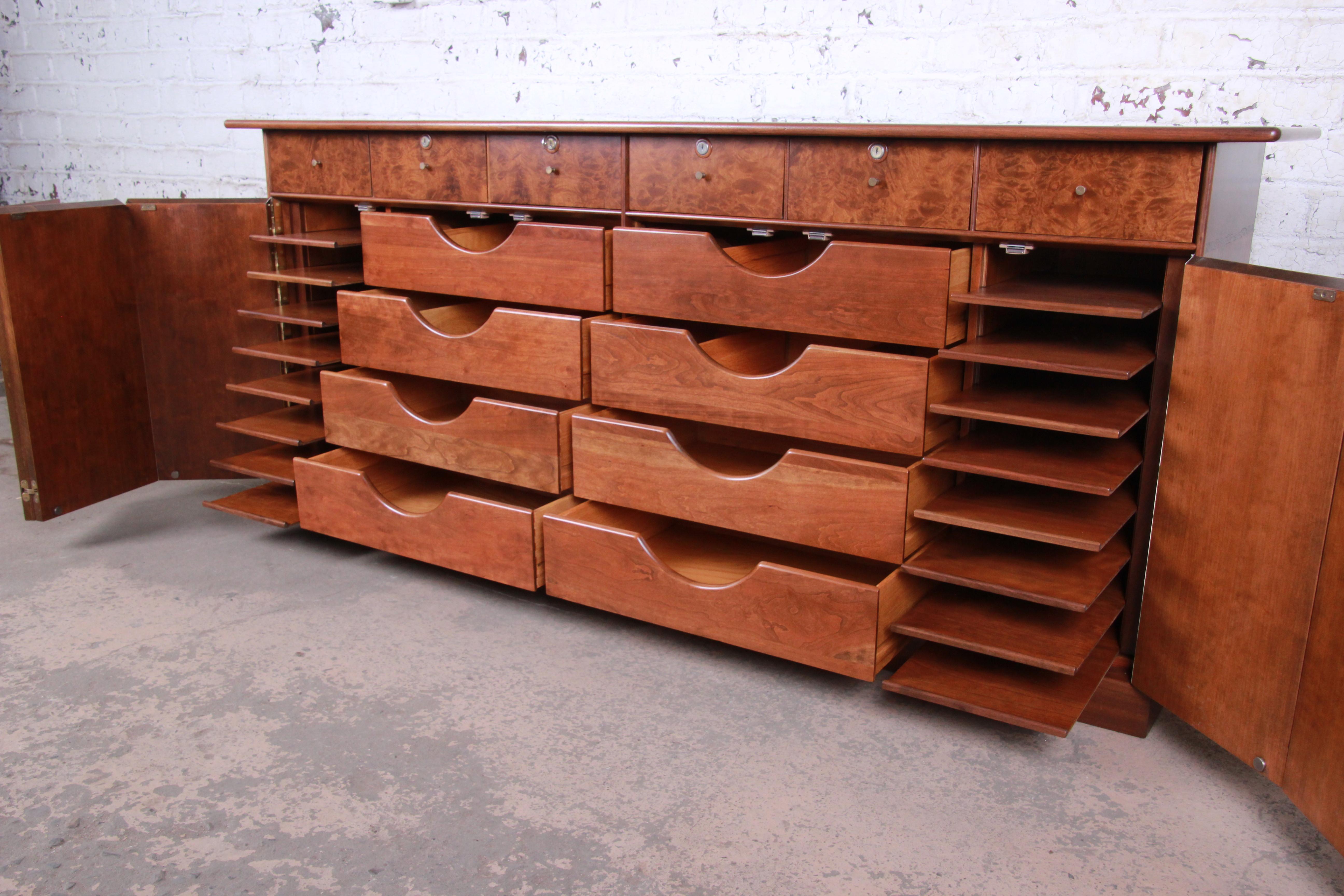 Milo Baughman for Directional Cherry and Burl Dresser or Credenza, Restored 5