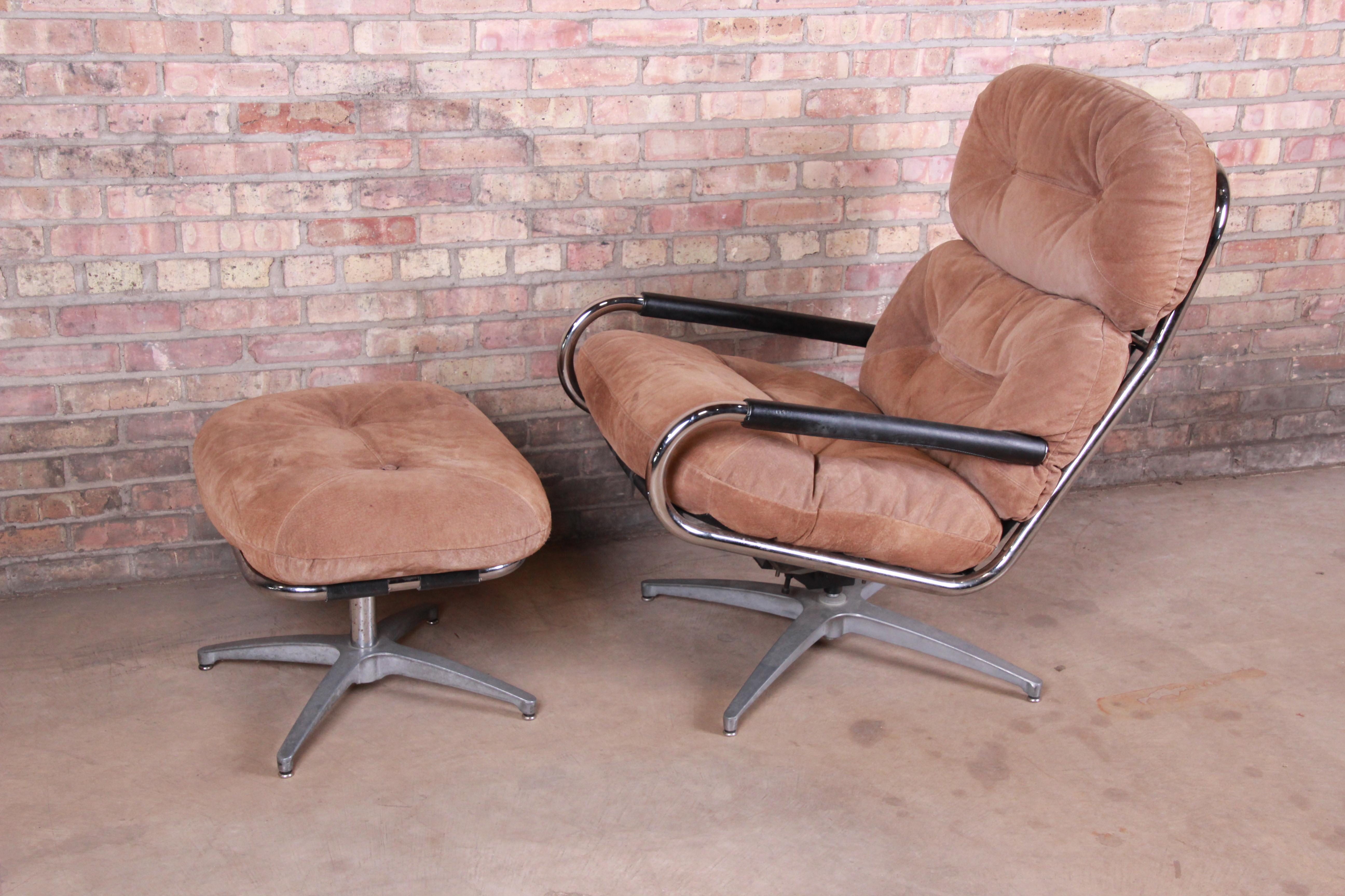 Mid-Century Modern Directional Chrome and Suede Swivel Lounge Chair and Ottoman