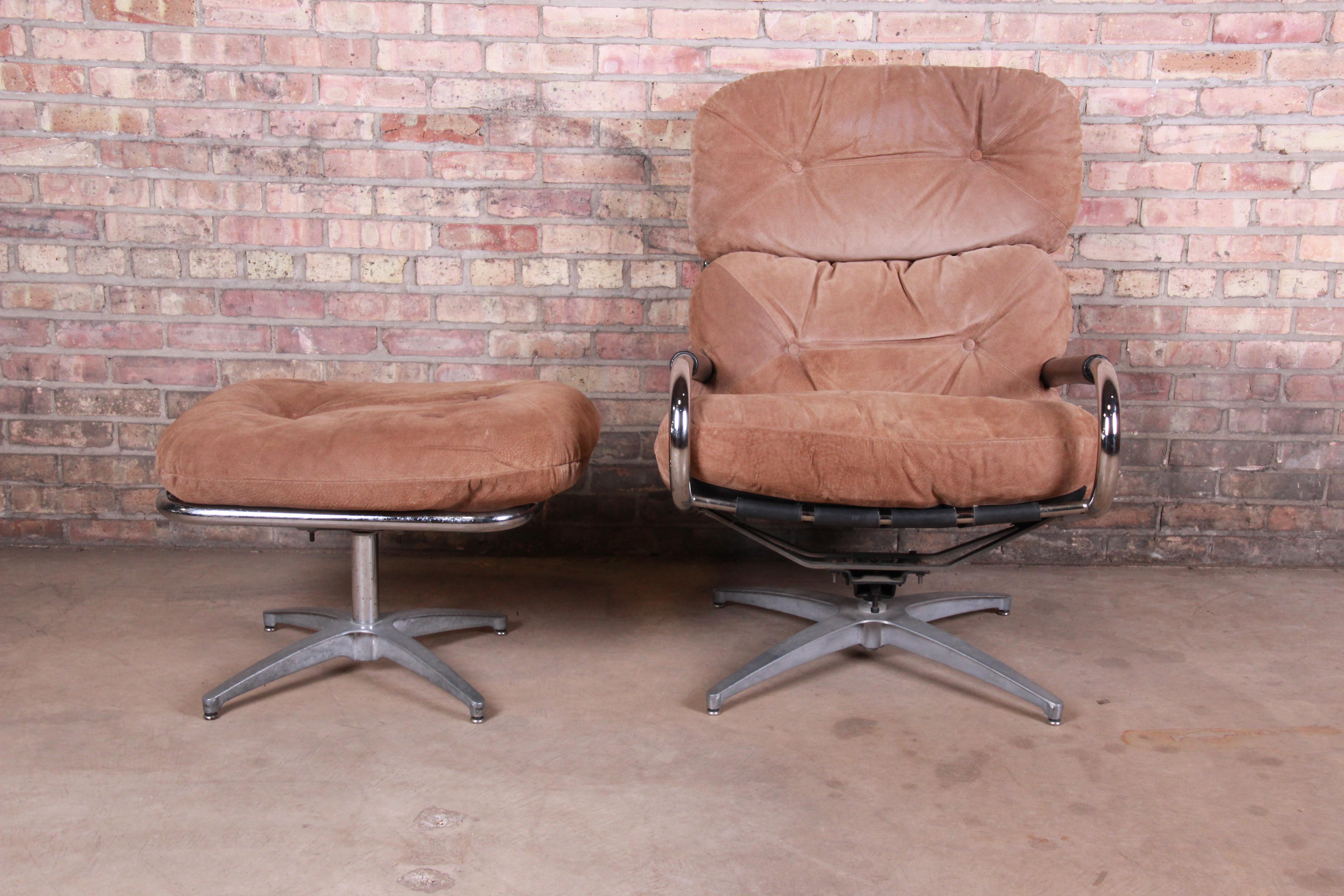 Directional Chrome and Suede Swivel Lounge Chair and Ottoman In Good Condition In South Bend, IN