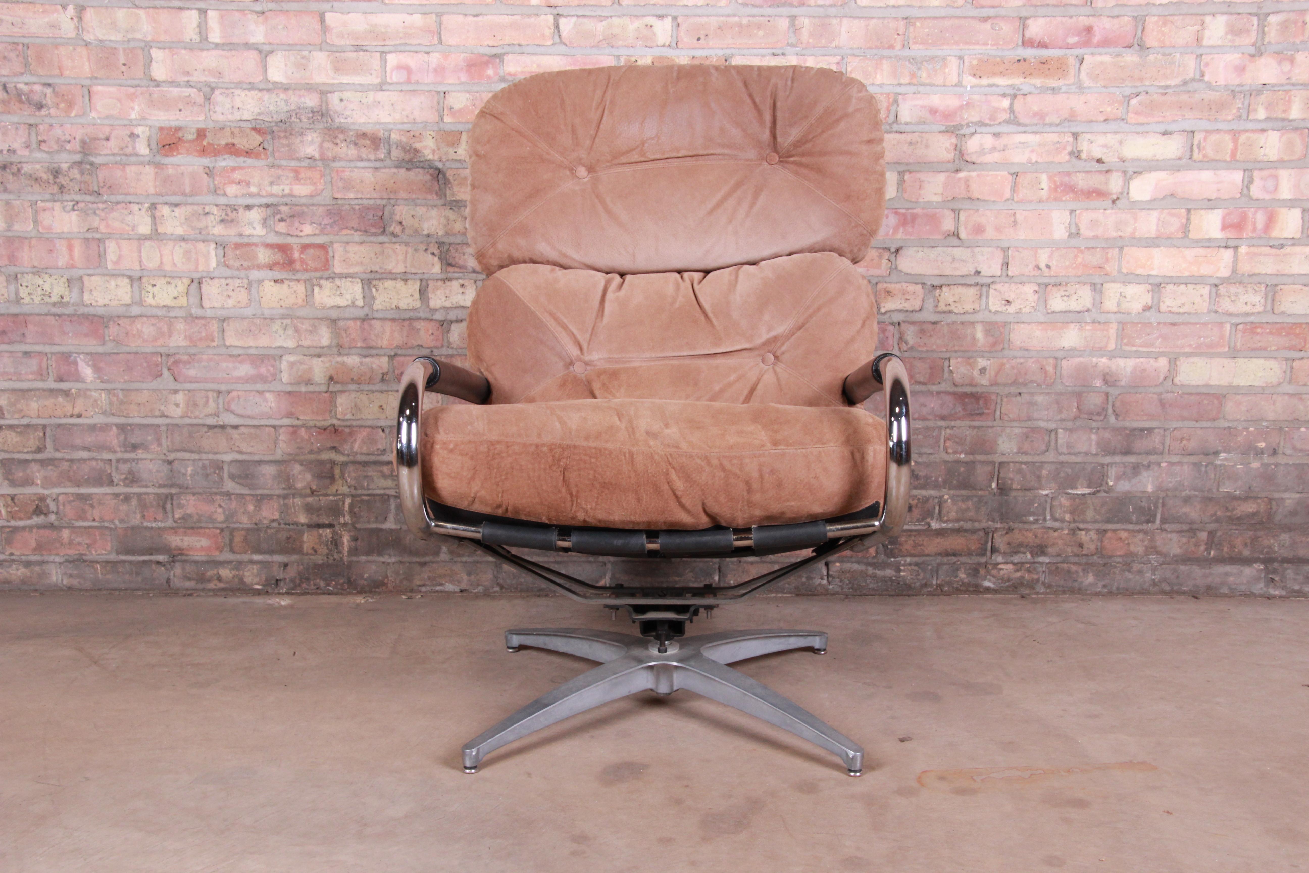 Leather Directional Chrome and Suede Swivel Lounge Chair and Ottoman