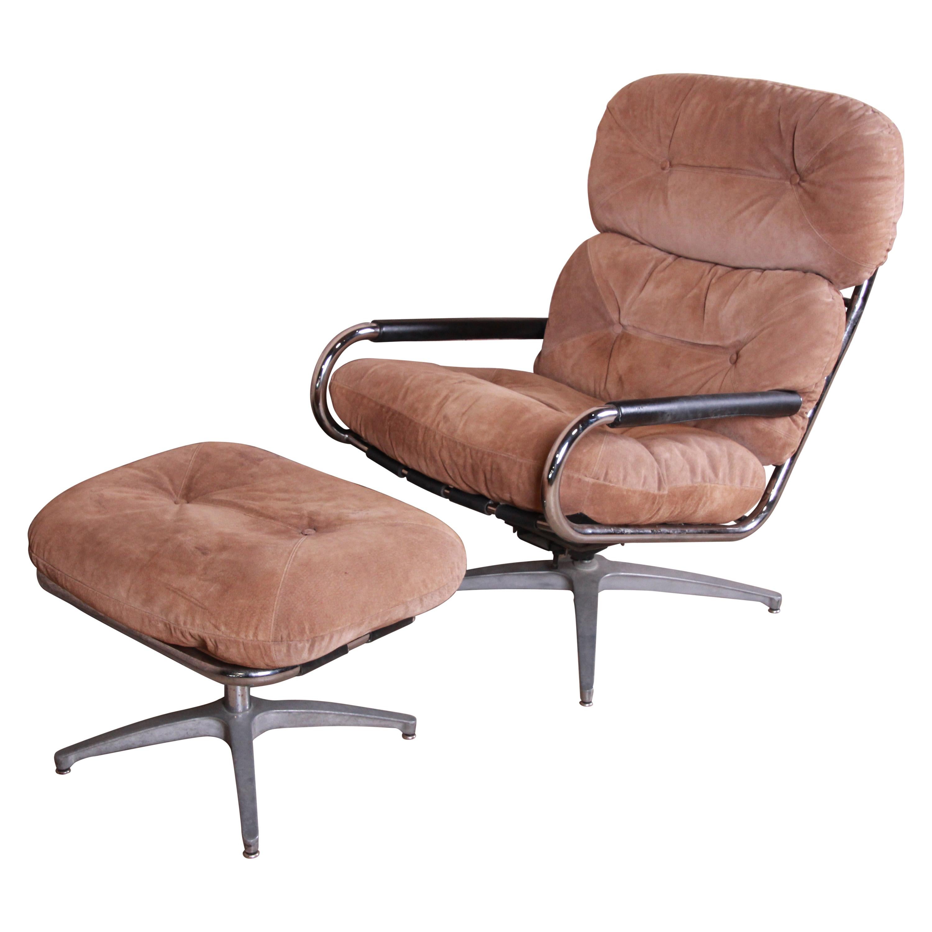 Directional Chrome and Suede Swivel Lounge Chair and Ottoman