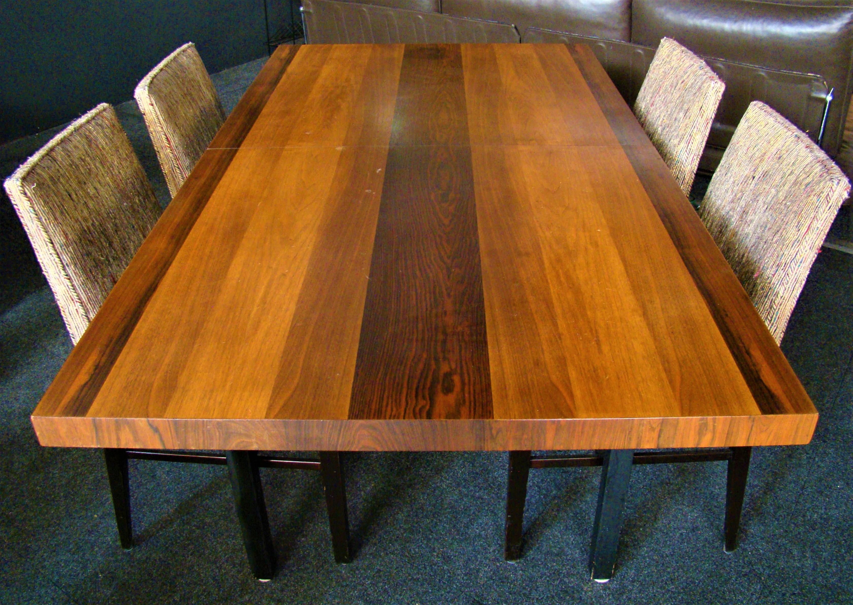 Veneer Milo Baughman for Directional Exotic Mixed Wood Dining Table plus 2 Leaves