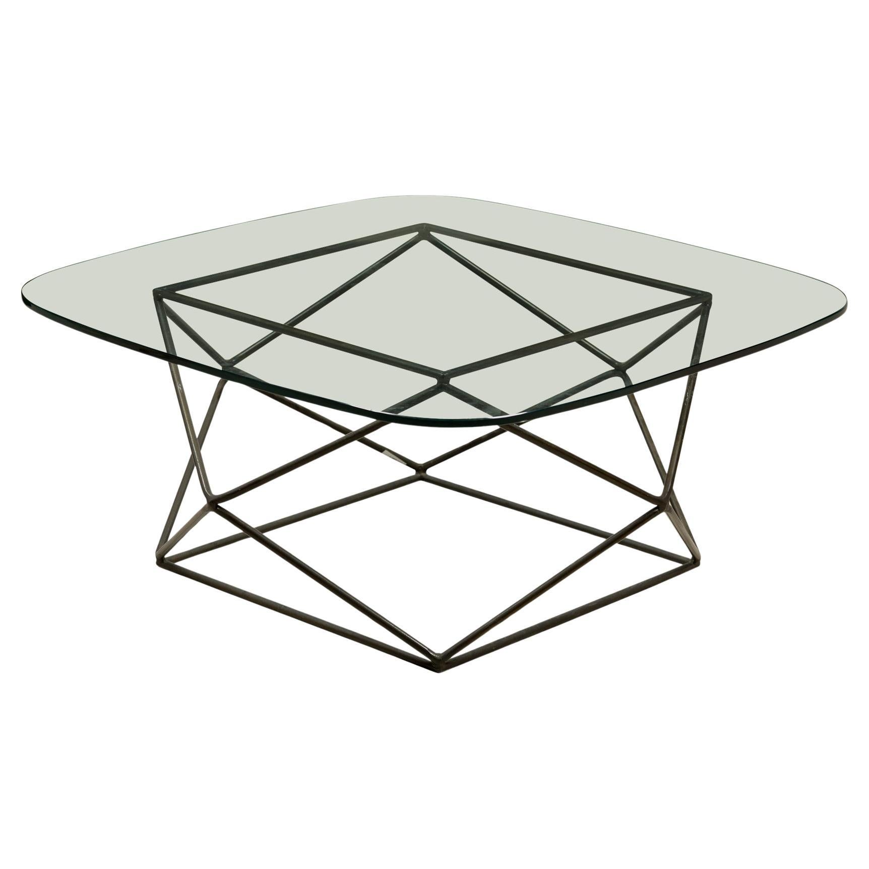 Table basse géométrique Milo Baughman, structure en bronze, plateau en verre, 1972