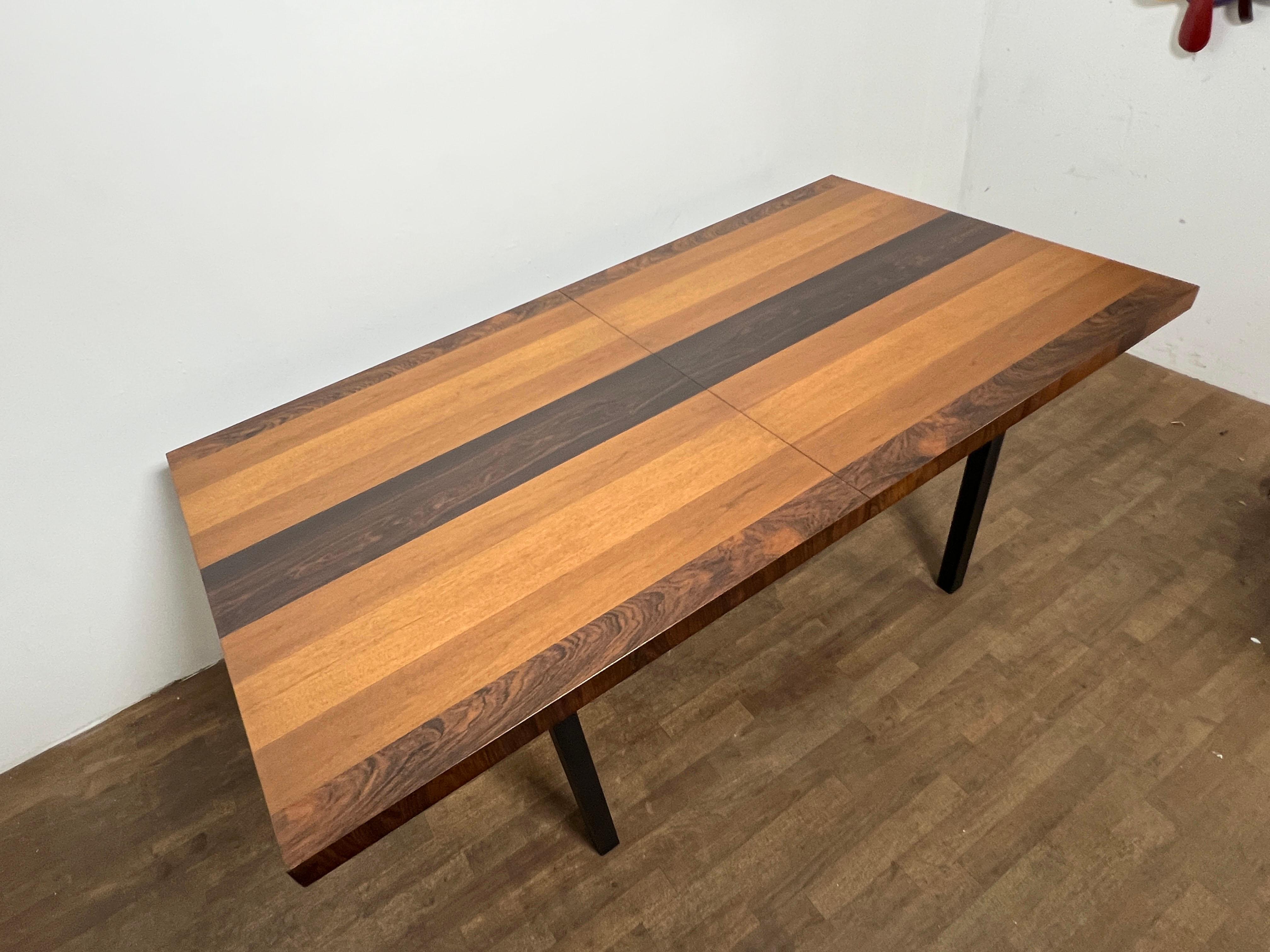 Milo Baughman for Directional Mixed Woods Dining Table with Two Leaves C. 1960s In Good Condition In Peabody, MA