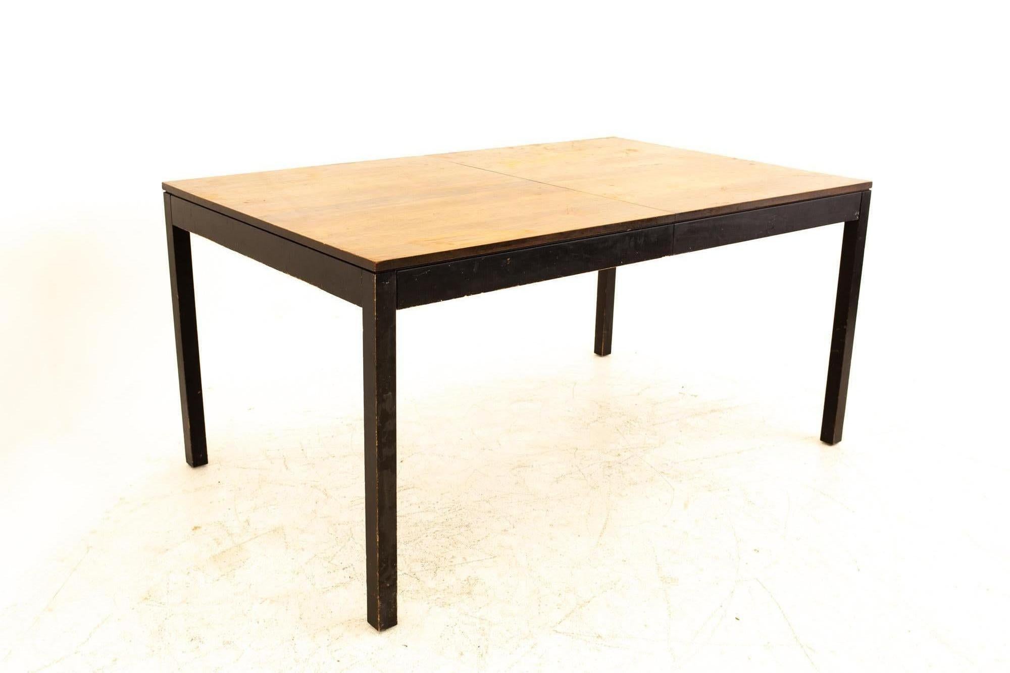 Milo Baughman for Directional parsons midcentury multi wood dining table with 2 leaves

Table with no leaves: 60 wide x 38 deep x 29.5 high, table with one leaf is 80 wide,
Table with two leaves is 100 wide

All pieces of furniture can be had in